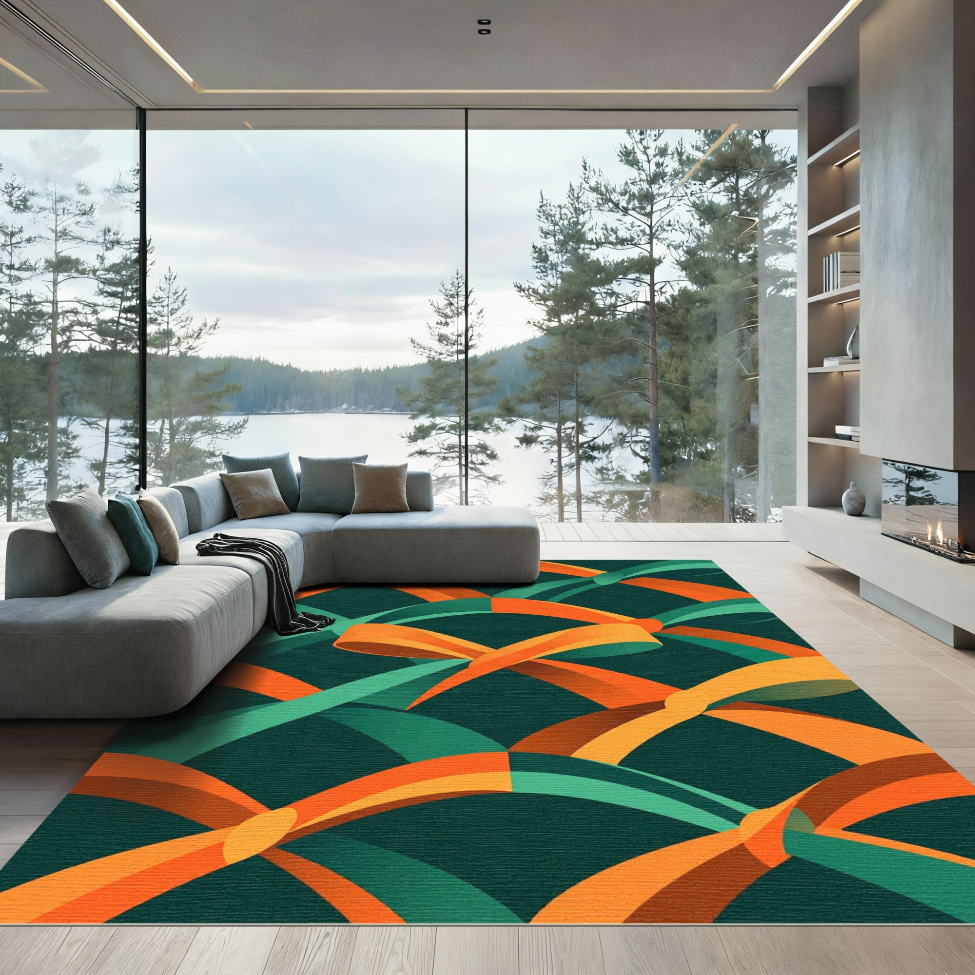 Orange and Teal Geometric Ribbon Weave Rug