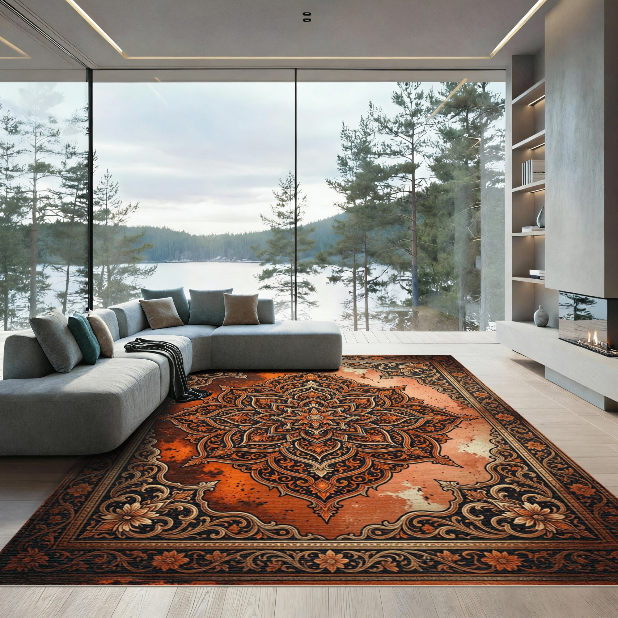 Intricate Burnt Orange Radiant Mandala Rug