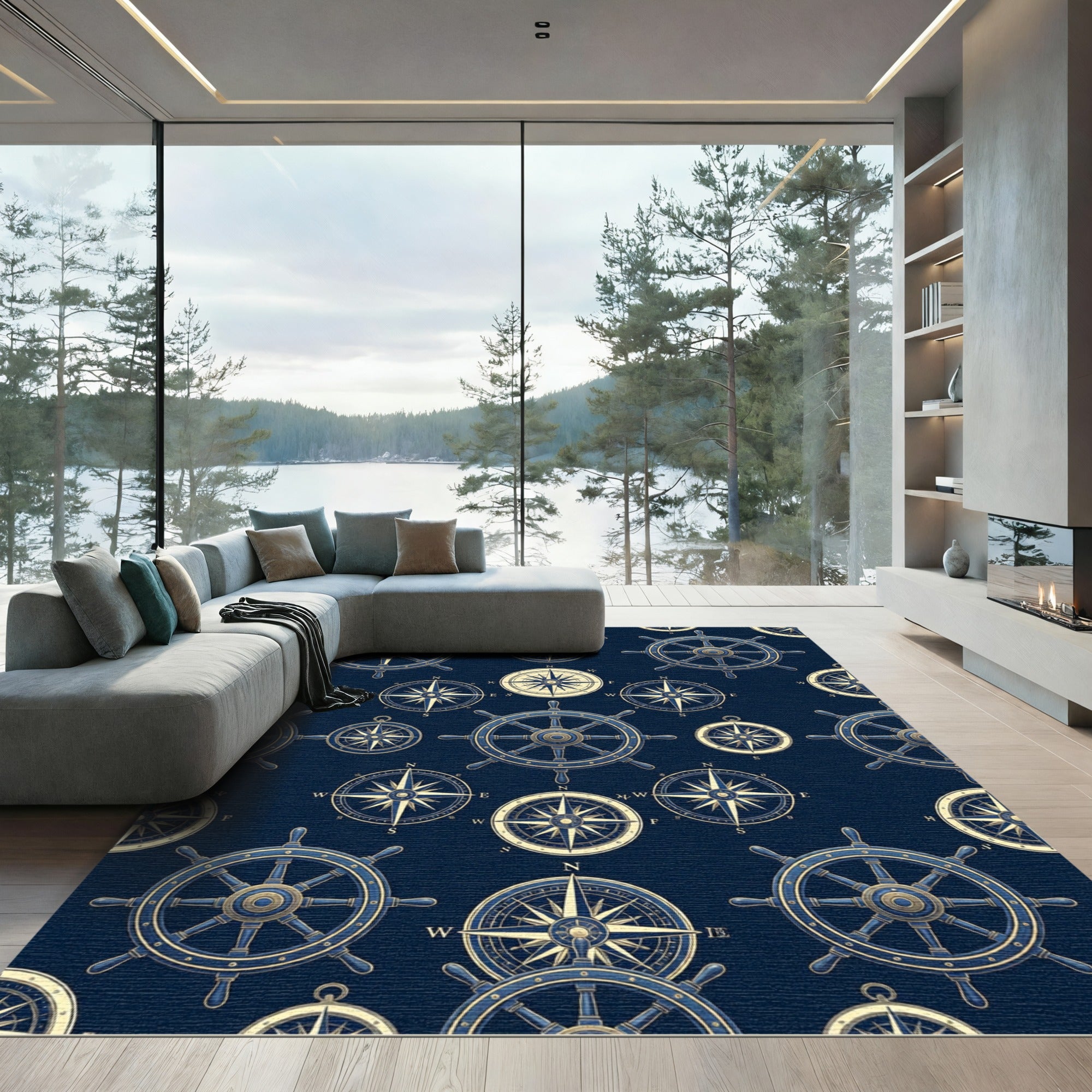 Nautical Blue Ship Wheel Compass Rose Rug
