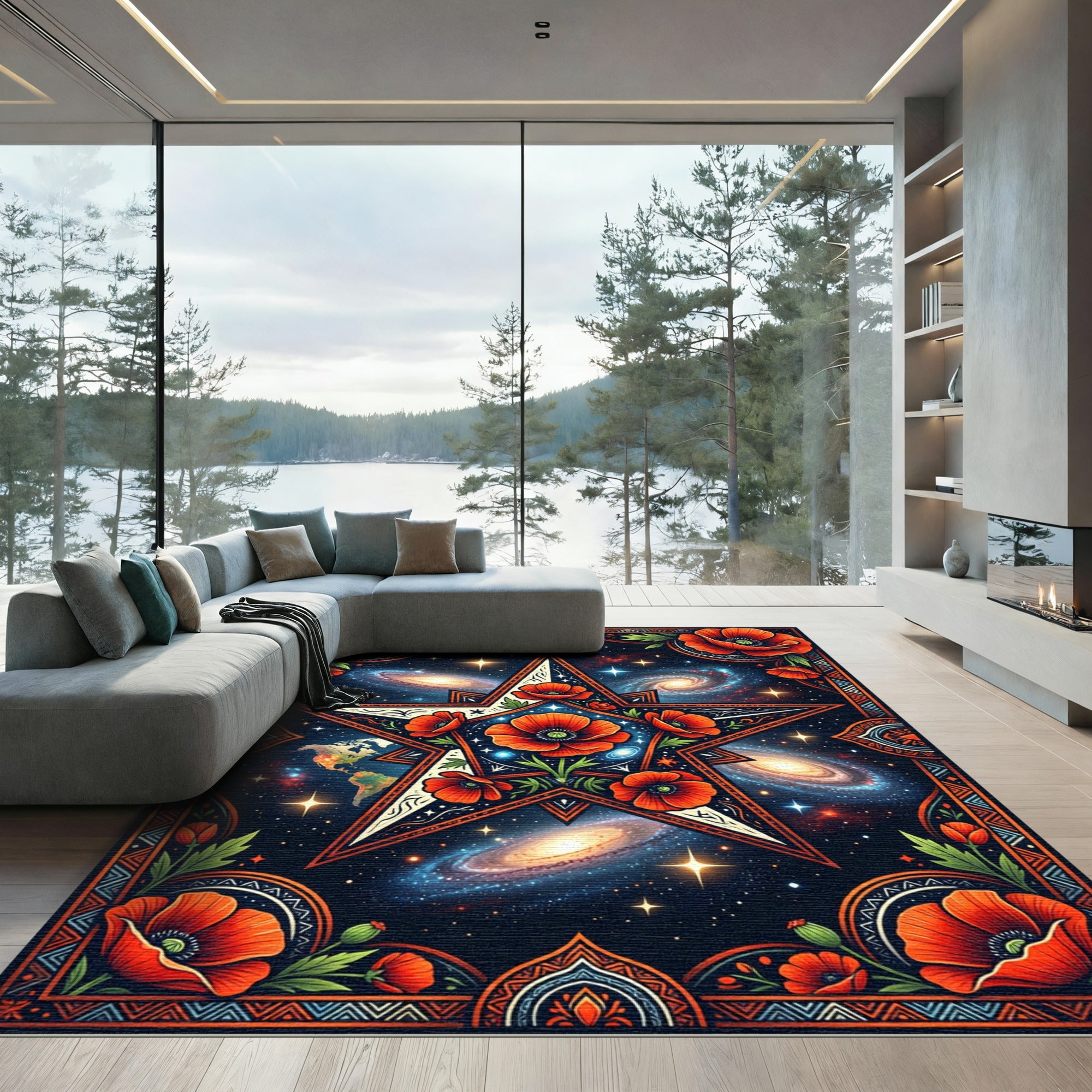 Cosmic Red Poppy Star Mandala Rug