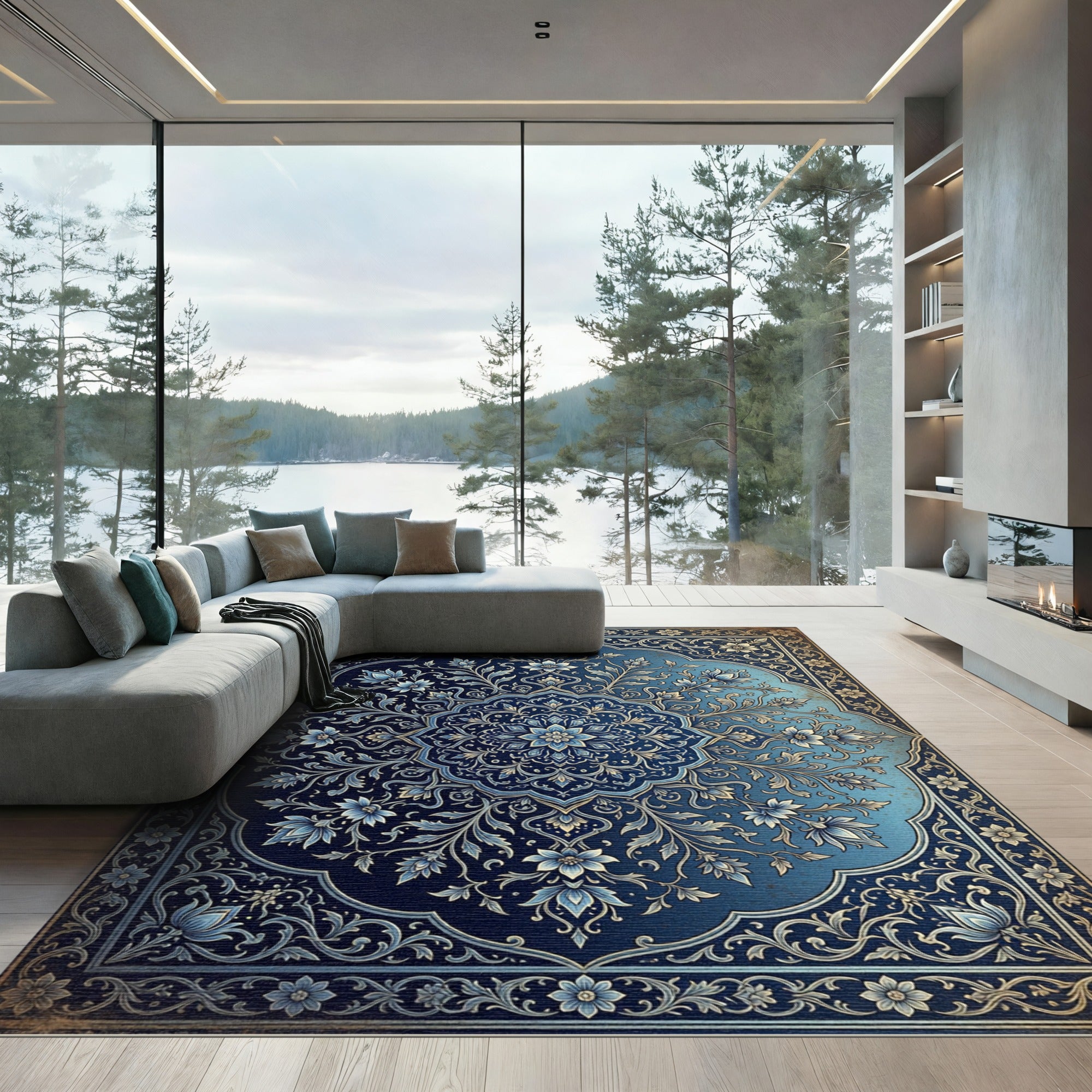 Elegant Navy Floral Medallion Flourish Rug