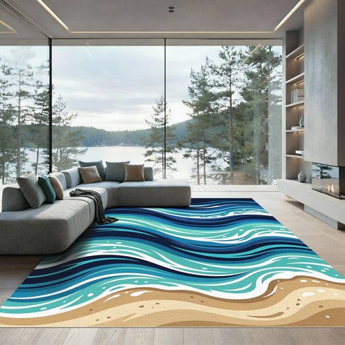 Abstract Ocean Wave Blue Coastal Art Rug