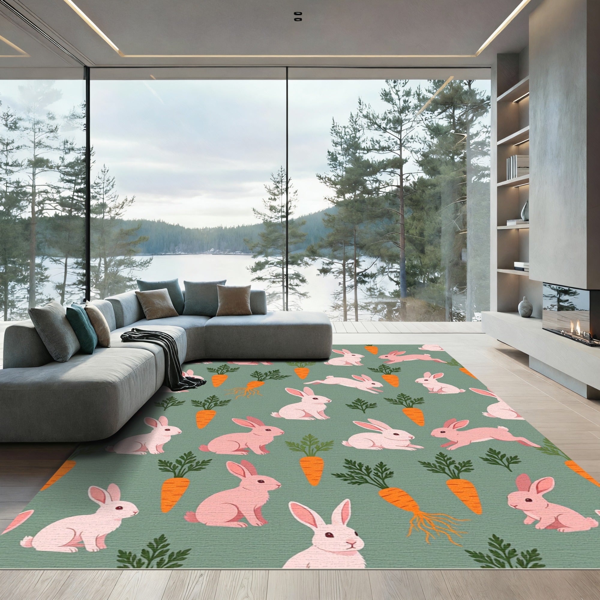 Playful Pastel Rabbit and Carrot Illustration Rug