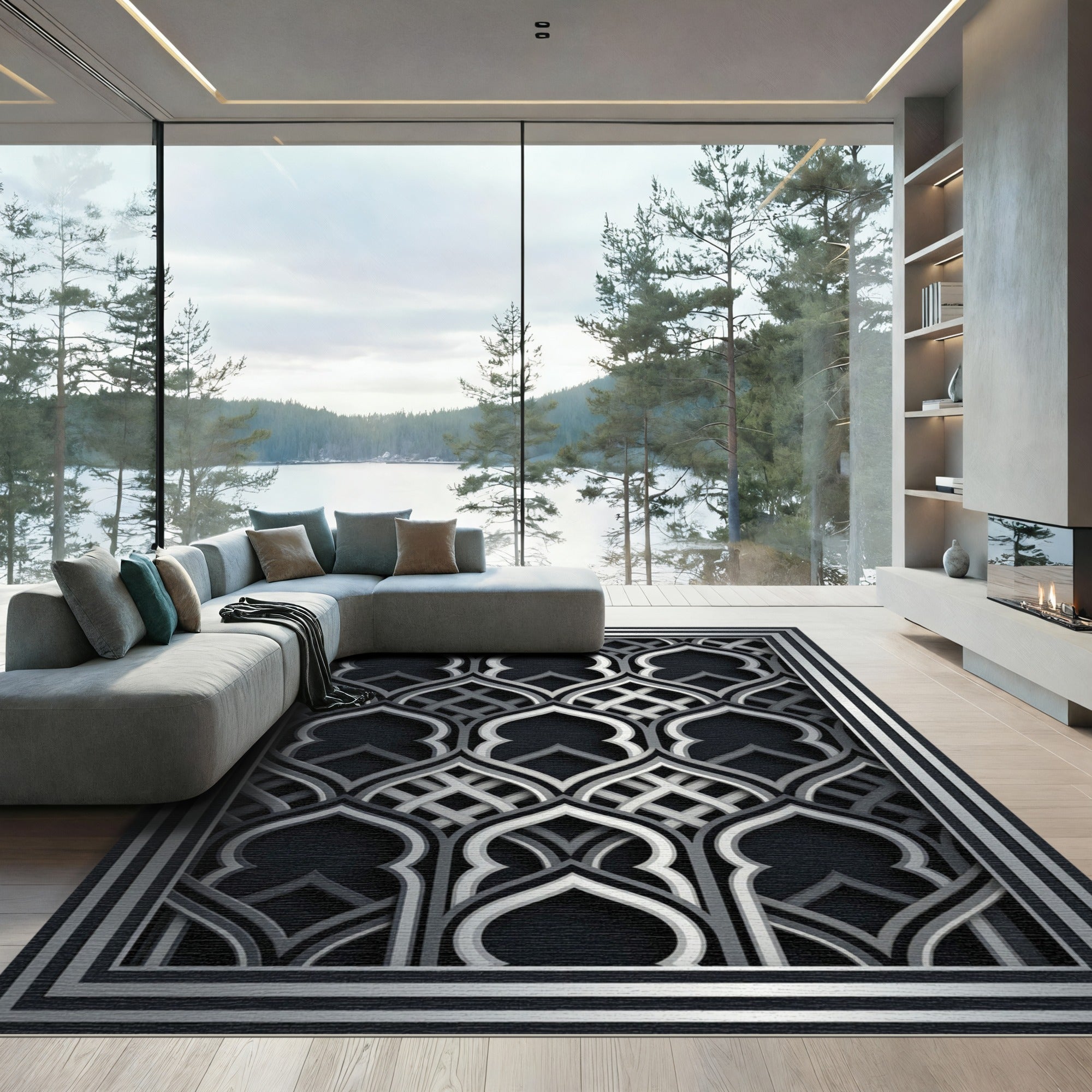 Sophisticated Silver Architectural Lattice Arch Rug