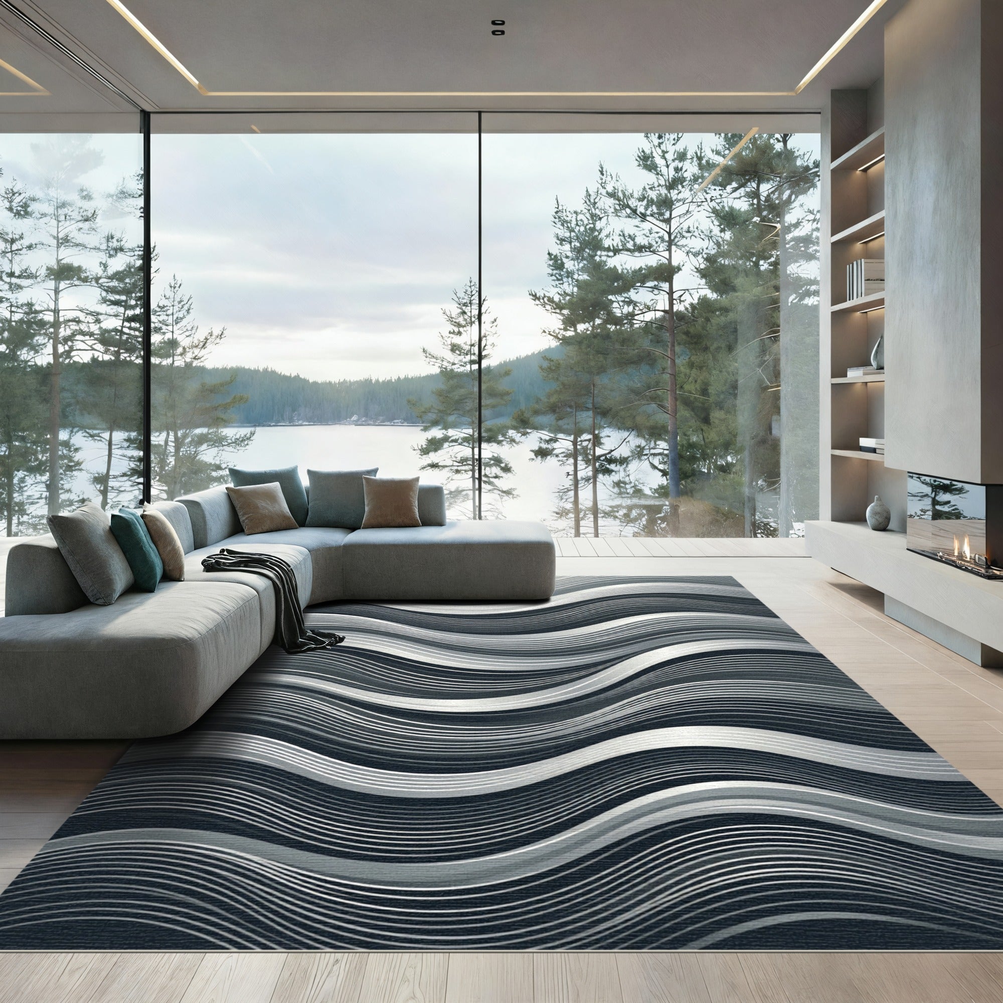 Monochrome Wavy Striped Illusion Rug