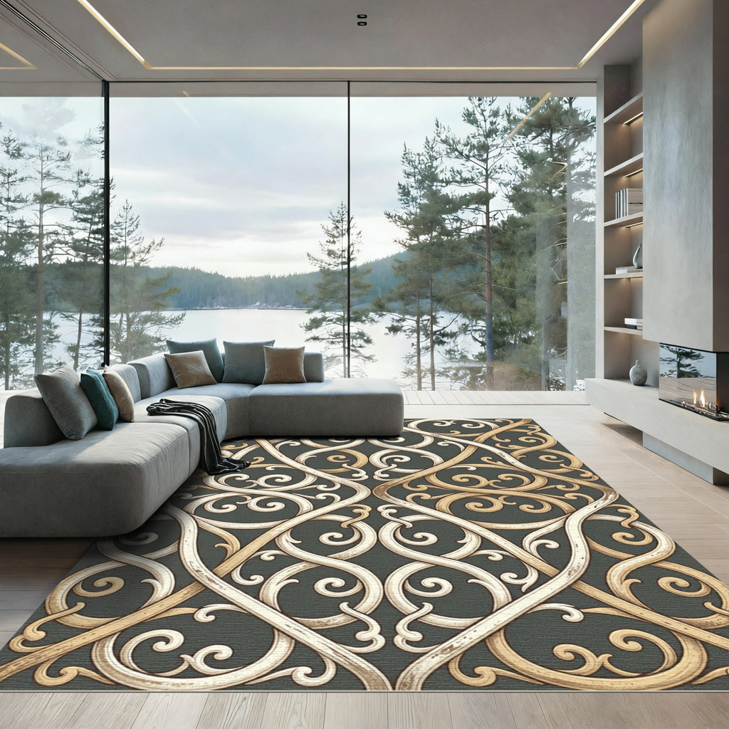Gold and Cream Interlocking Scroll Rug