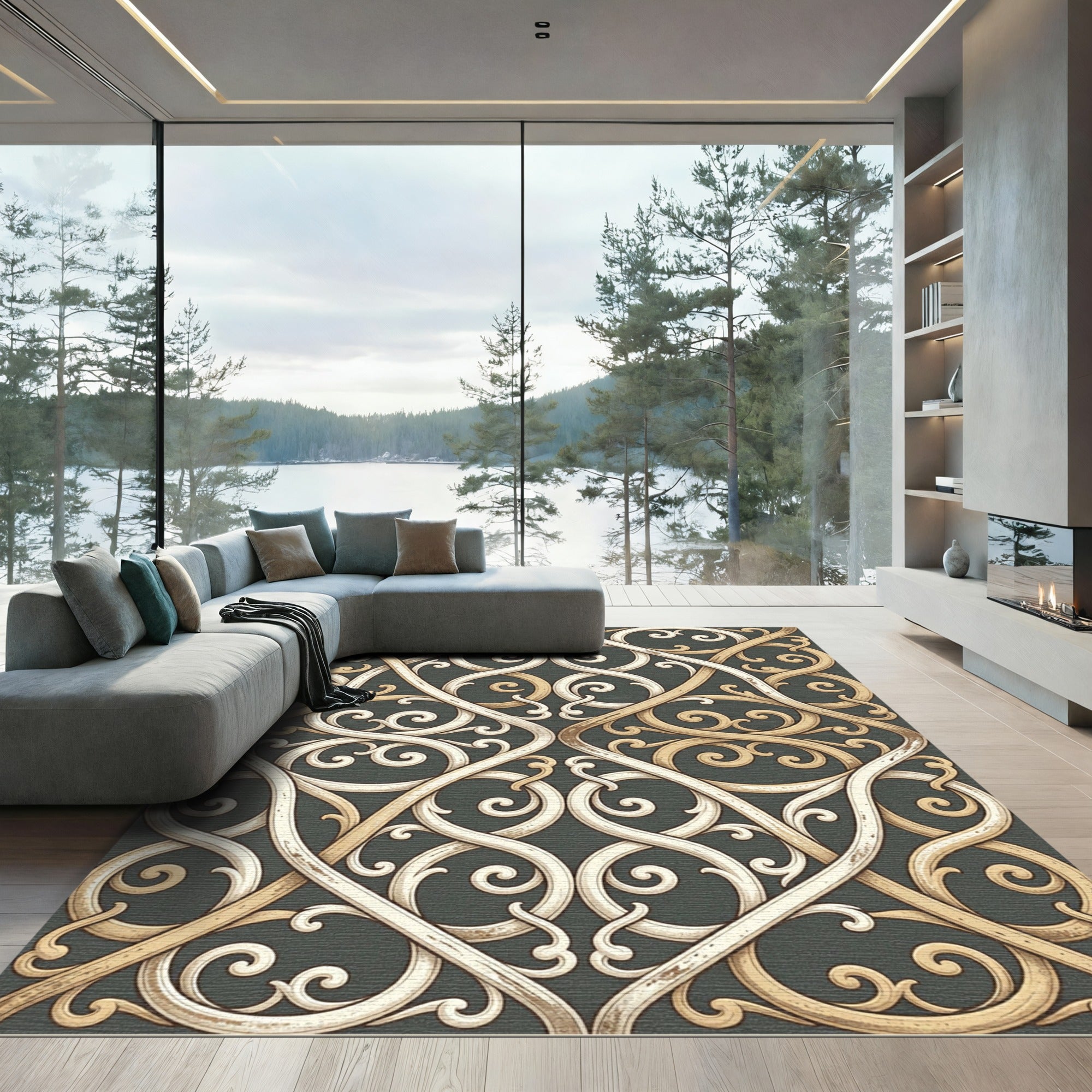 Gold and Cream Interlocking Scroll Rug