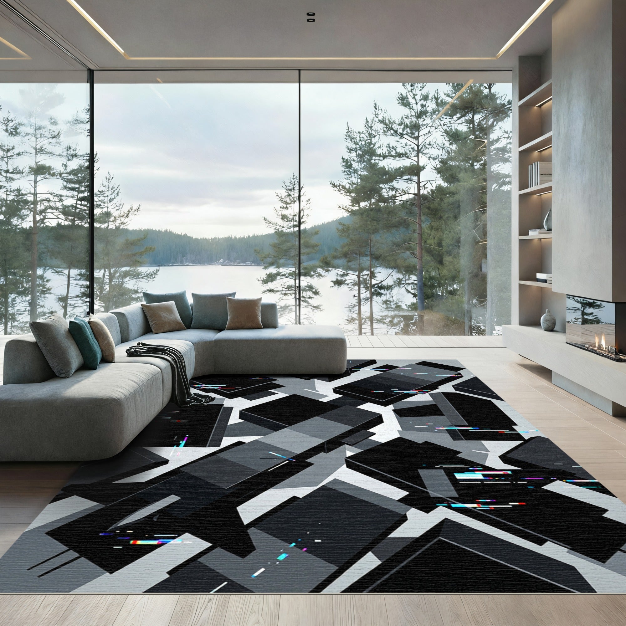 Monochrome Glitch Geometric Abstract Blocks Rug