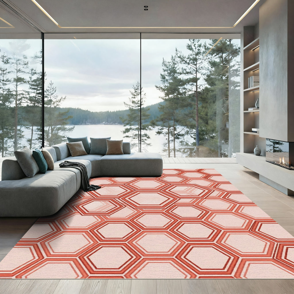 Terracotta Geometric Hexagon Abstract Art Rug