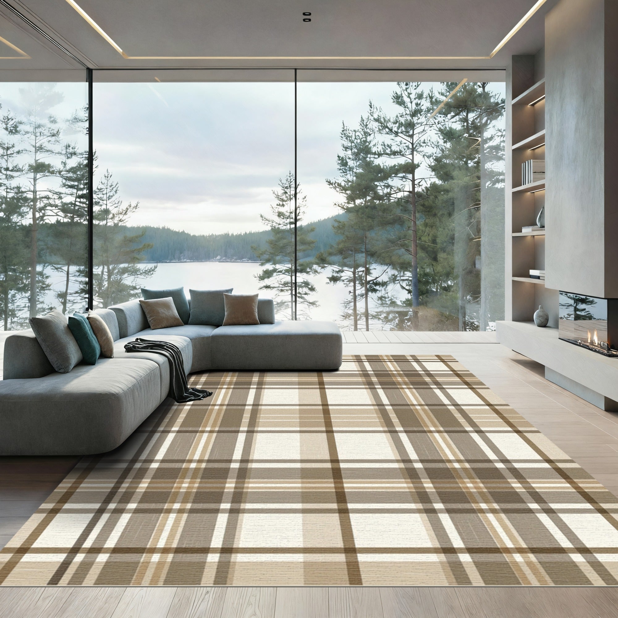 Earthy Tan Brown Plaid Check Rug
