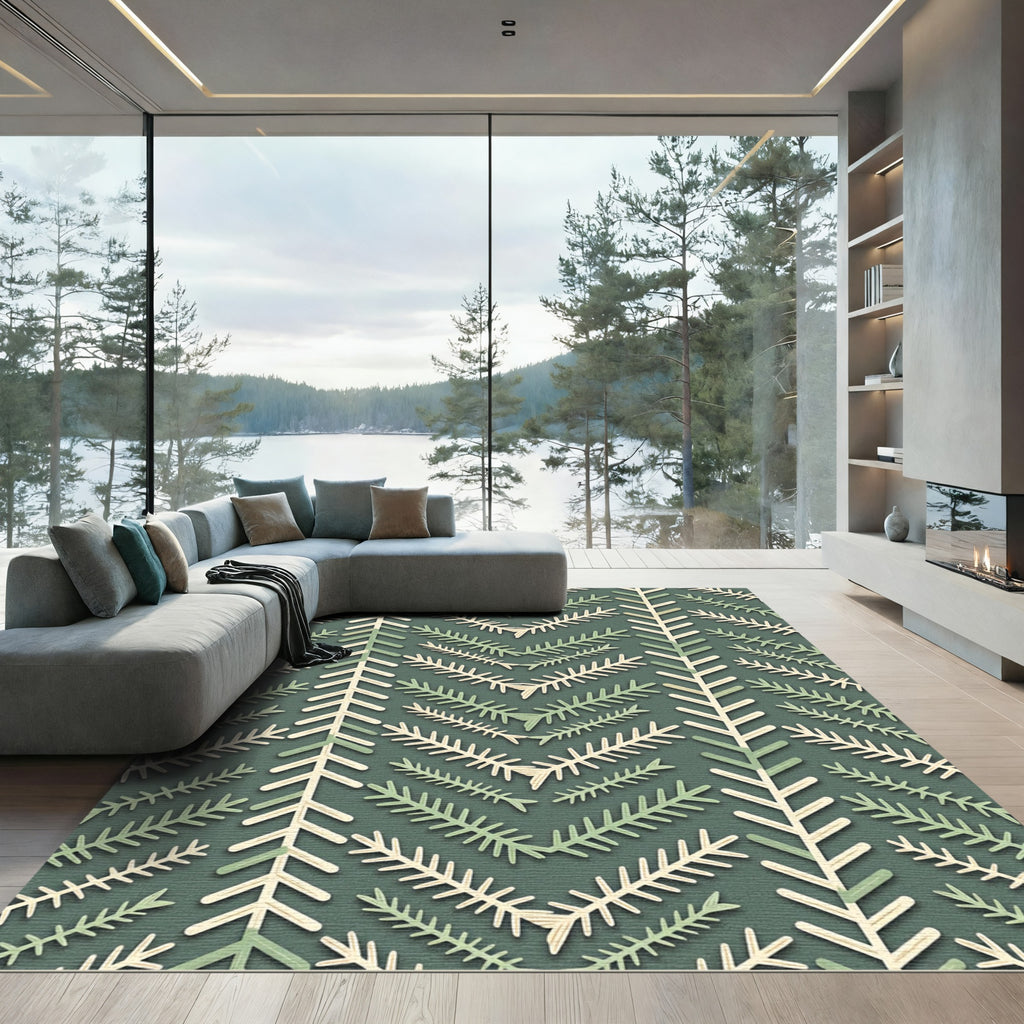 Sage Green Herringbone Botanical Branch Rug