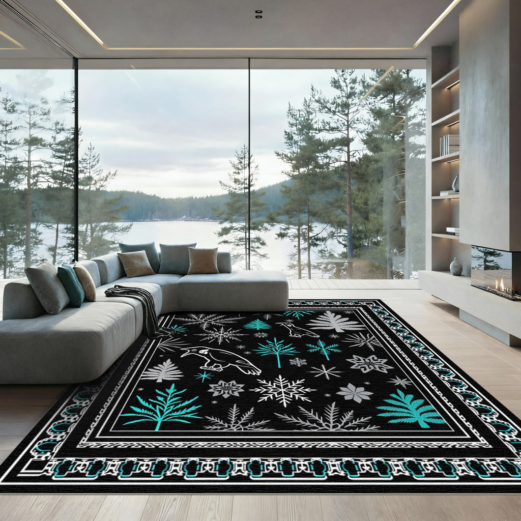 Black Bird Snowflake Winter Scene Rug