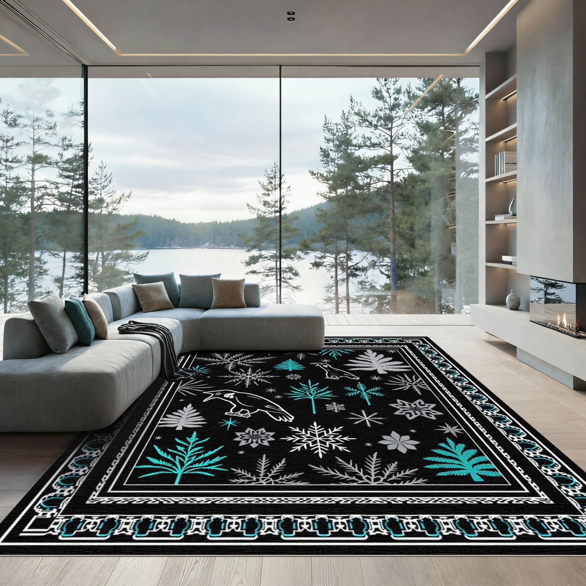 Black Bird Snowflake Winter Scene Rug