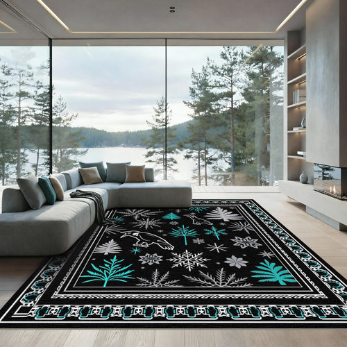 Black Bird Snowflake Winter Scene Rug
