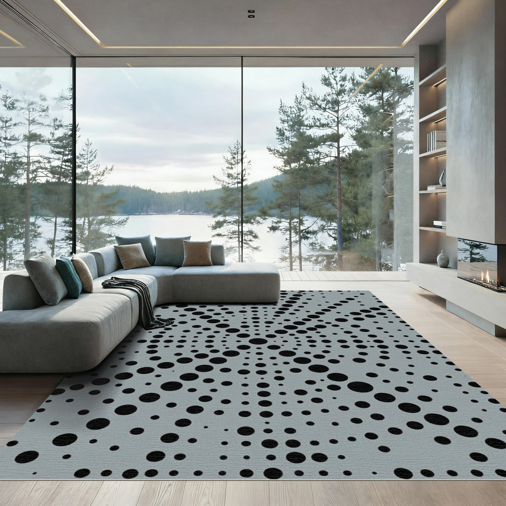 Gray Black Dot Radial Swirl Rug