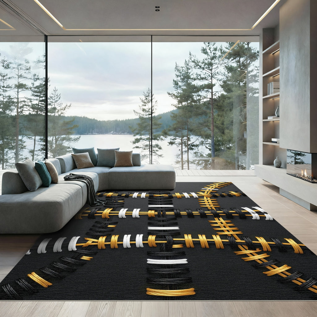 Modern Black Gold White Woven Grid Rug