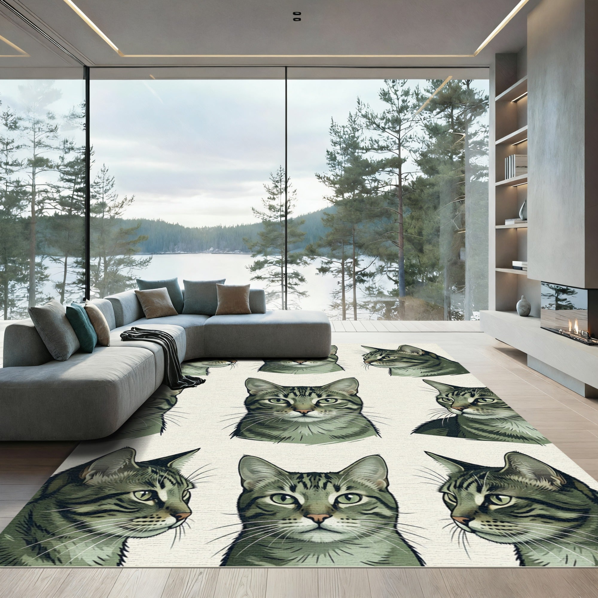 Graphic Tabby Cat Portrait Grid Rug