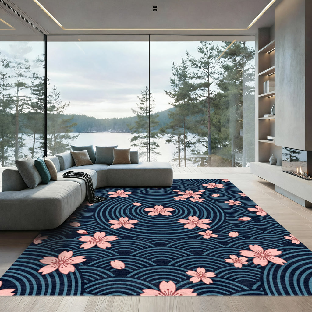 Sakura Cherry Blossom Japanese Wave Navy Rug