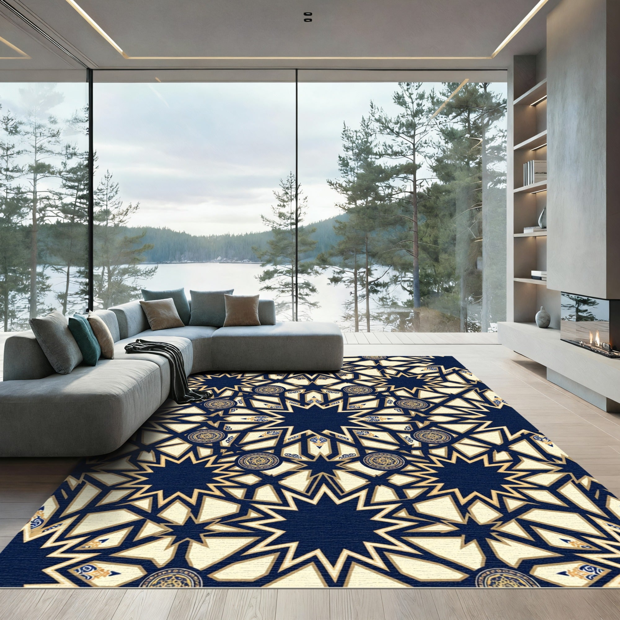 Midnight Blue Geometric Star Medallion Rug