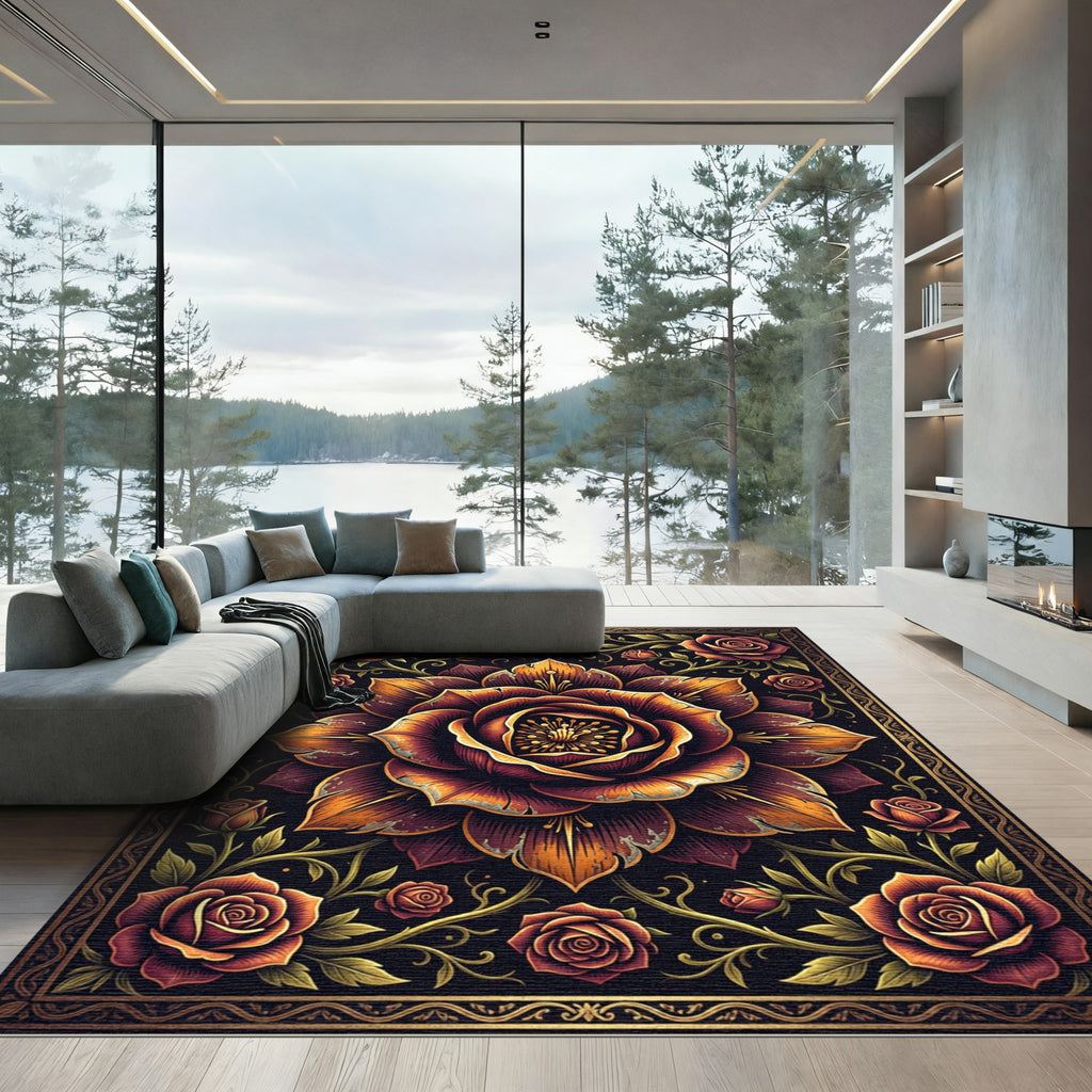 Ornate Golden Rose Dark Floral Medallion Rug