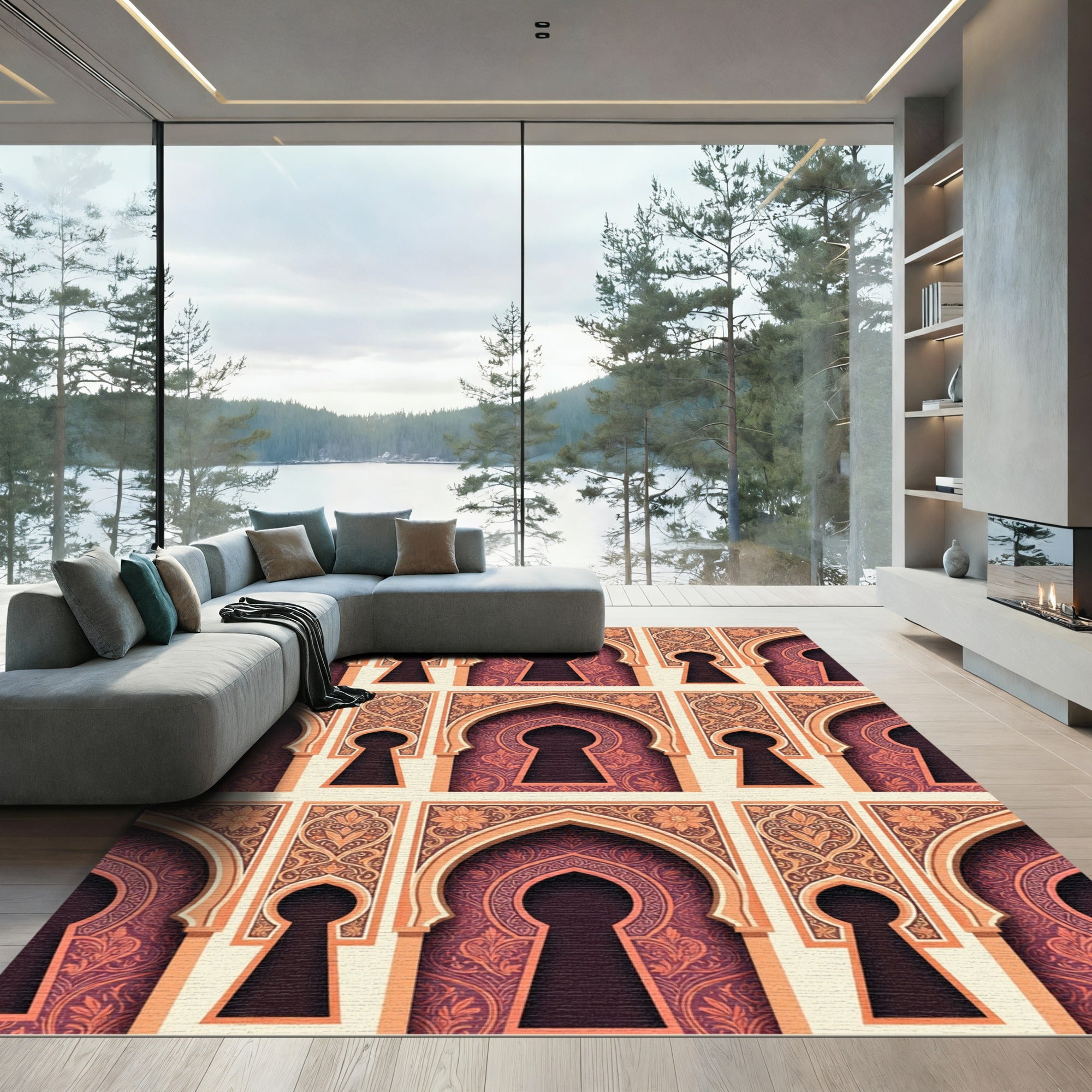 Ornate Burgundy Archway Floral Tapestry Rug