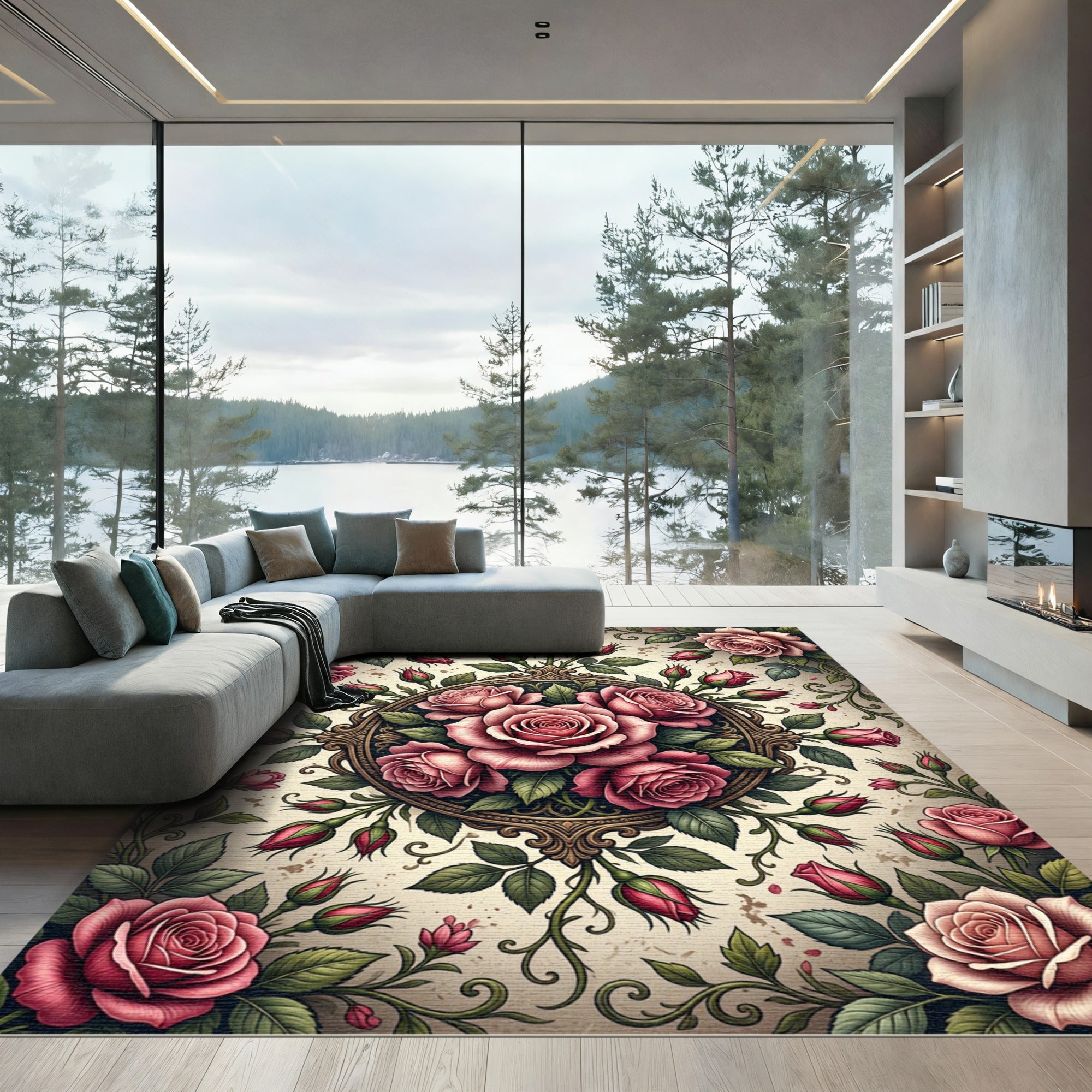 Vintage Blush Rose Medallion Floral Rug