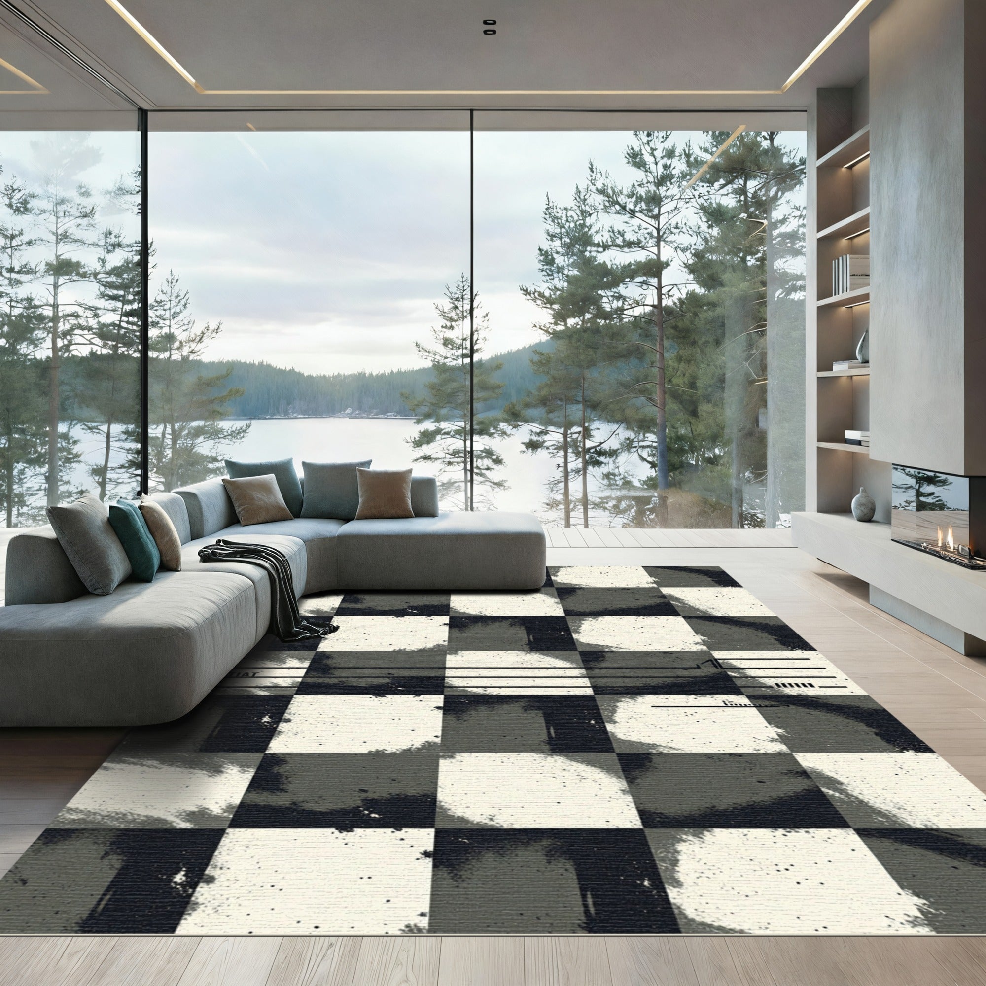 Gritty Black White Checkerboard Brushstroke Rug