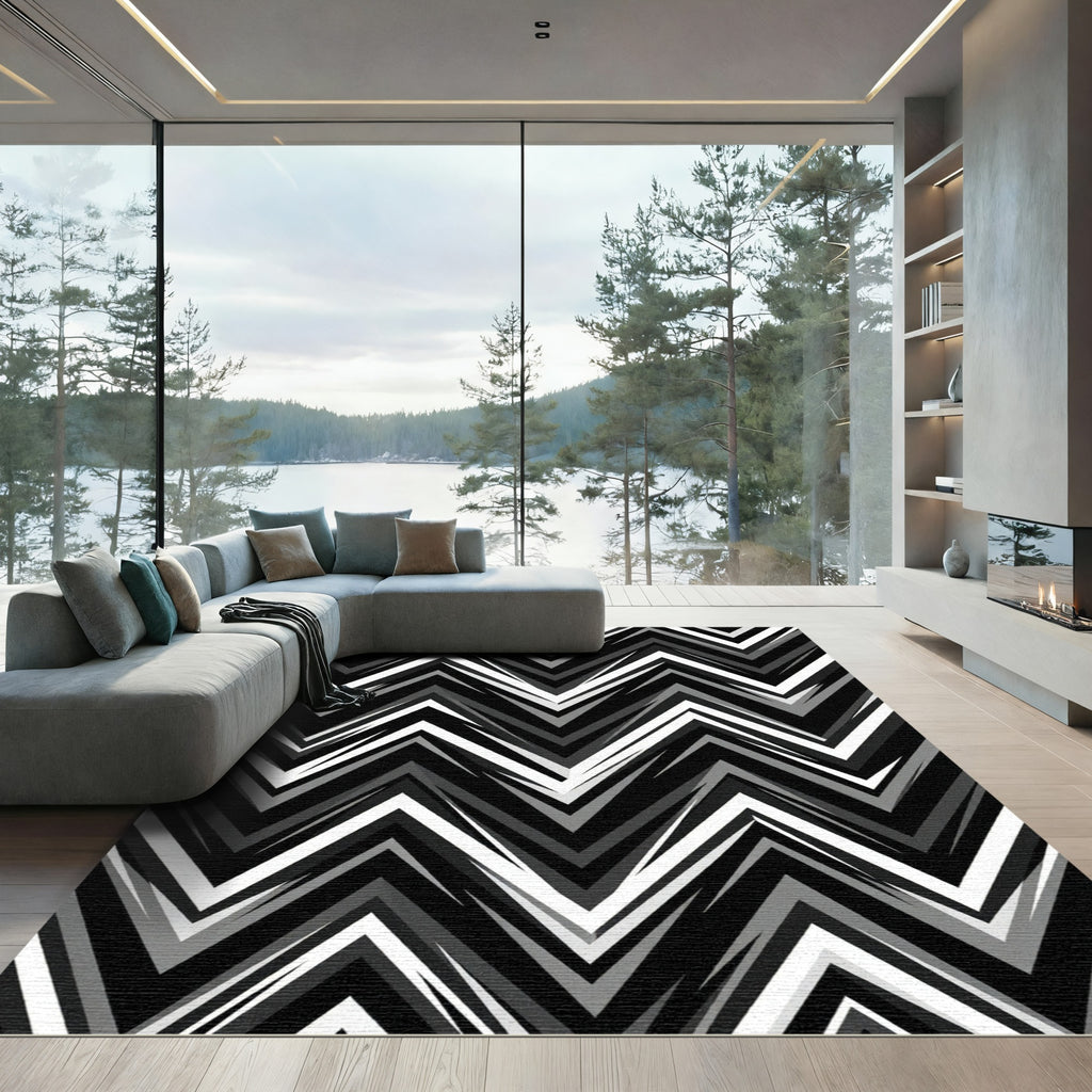 Monochromatic Geometric Jagged Chevron Rug