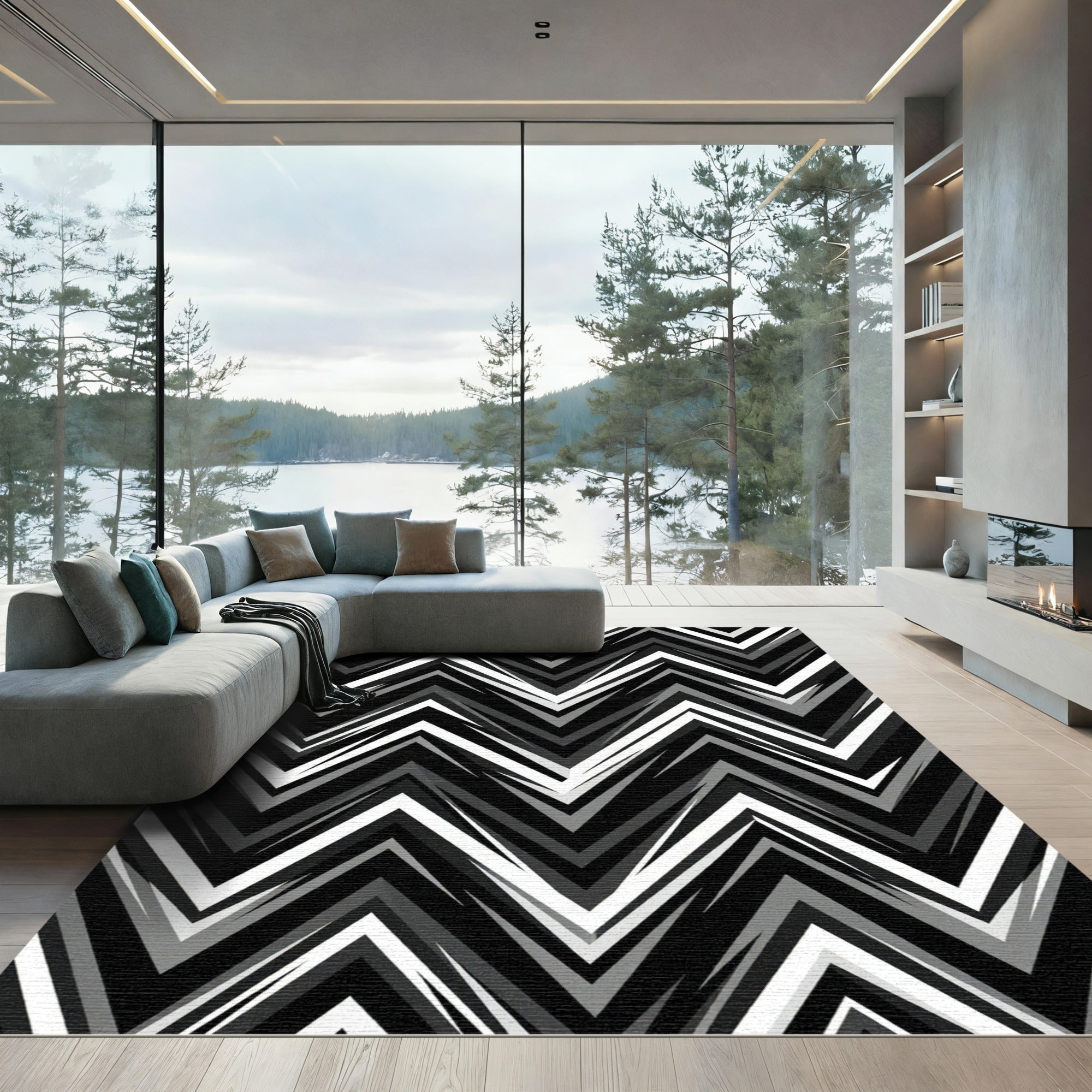 Monochromatic Geometric Jagged Chevron Rug