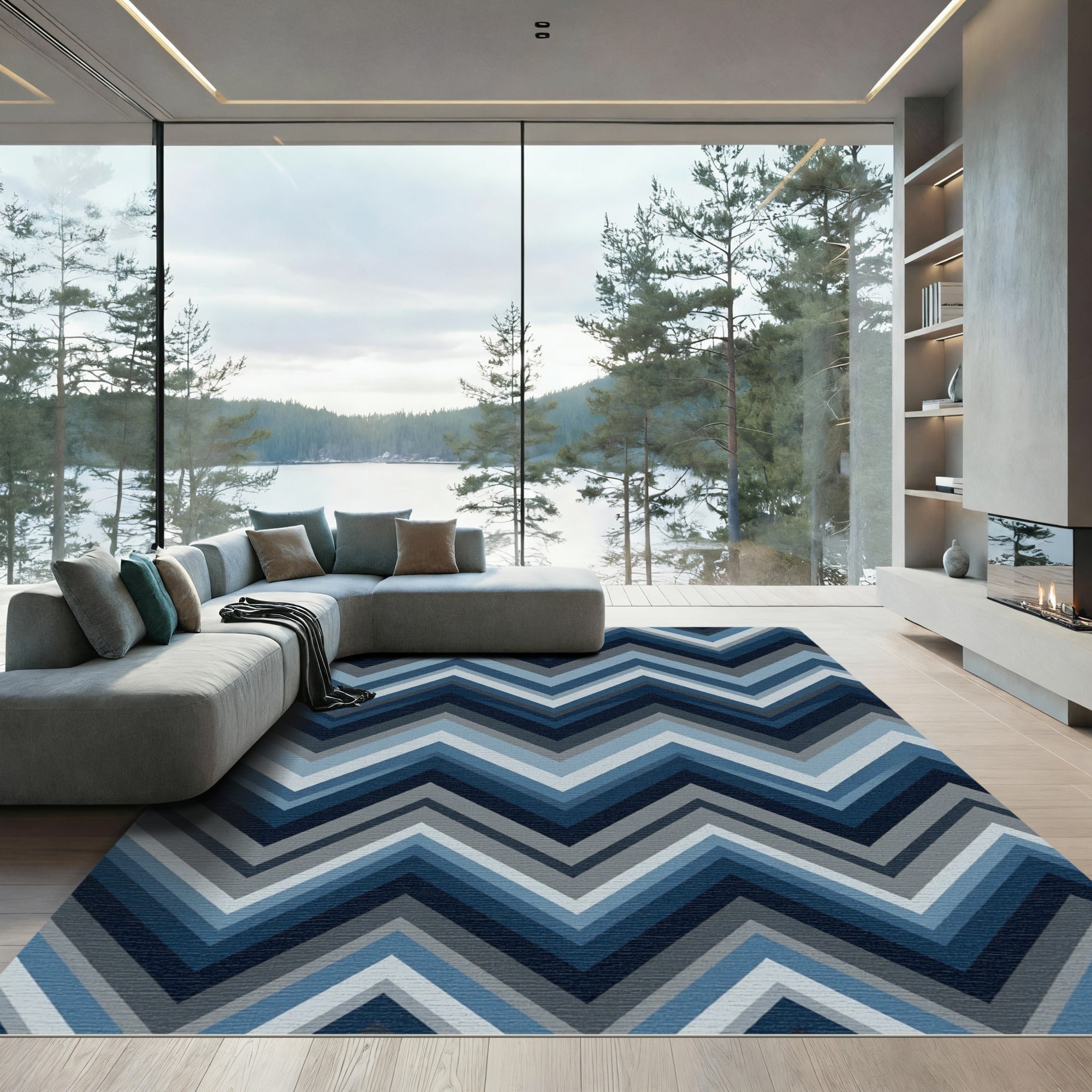 Navy Blue Chevron Zigzag Geometric Art Rug