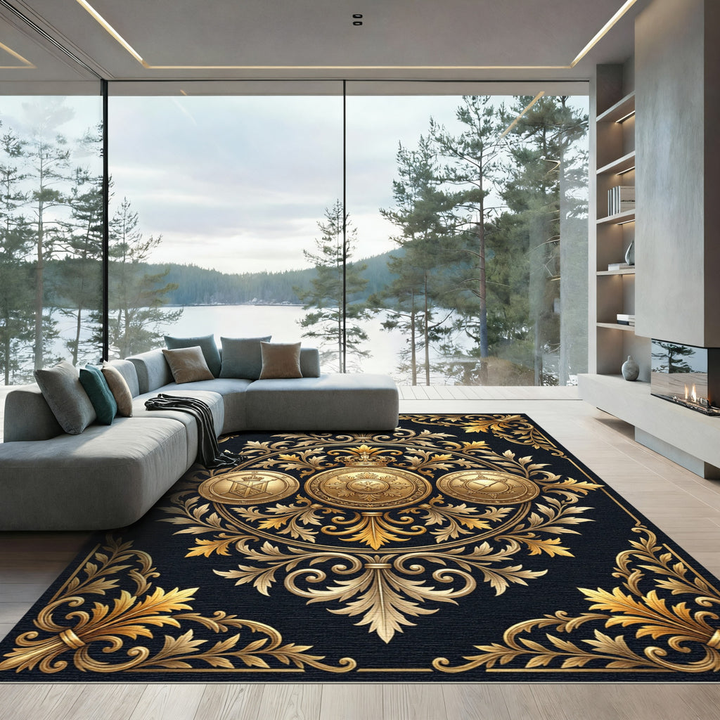 Regal Gold Baroque Crown Medallion Rug