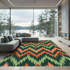 Green and Orange Chevron Diamond Ikat Rug