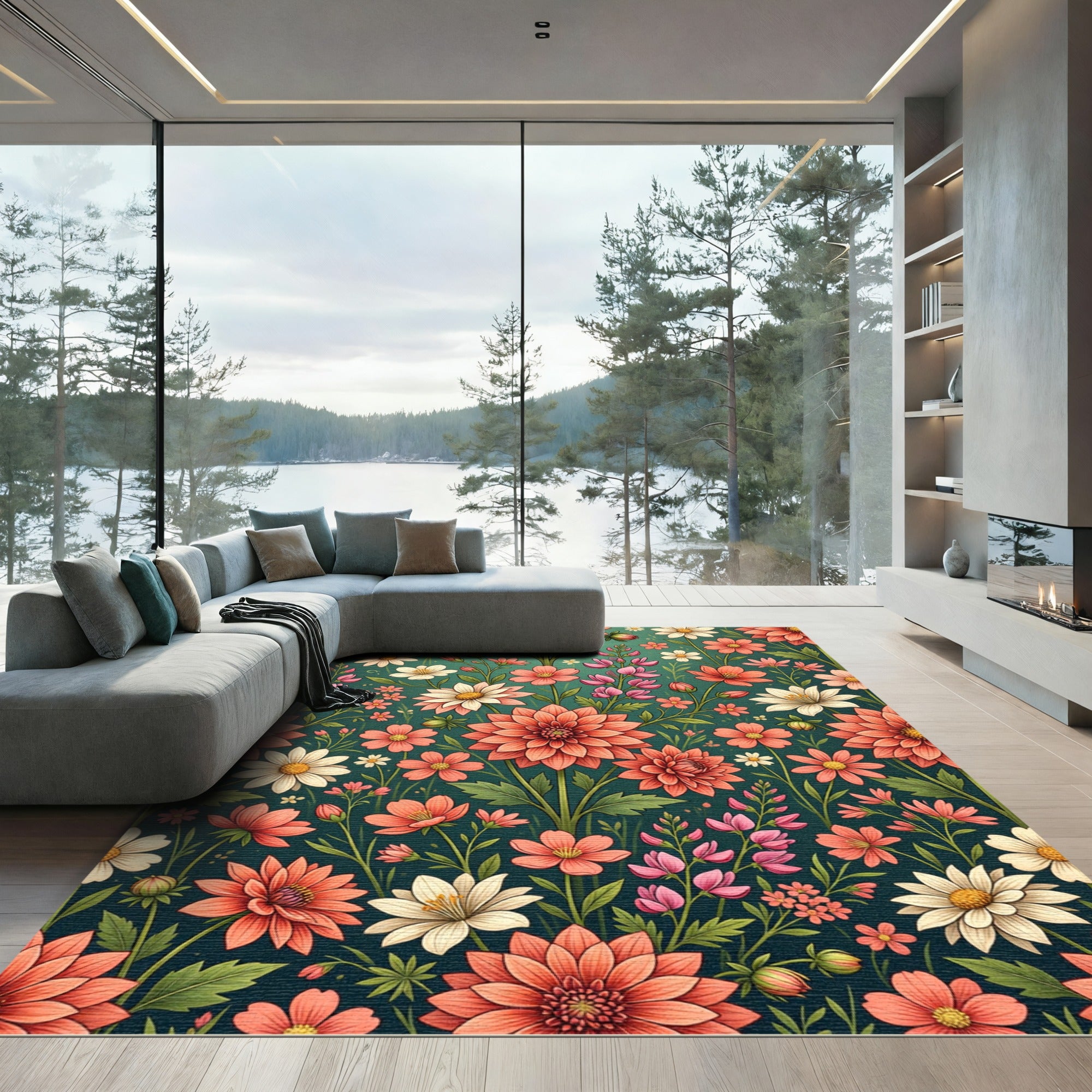 Elegant Coral Pink Botanical Garden Meadow Rug