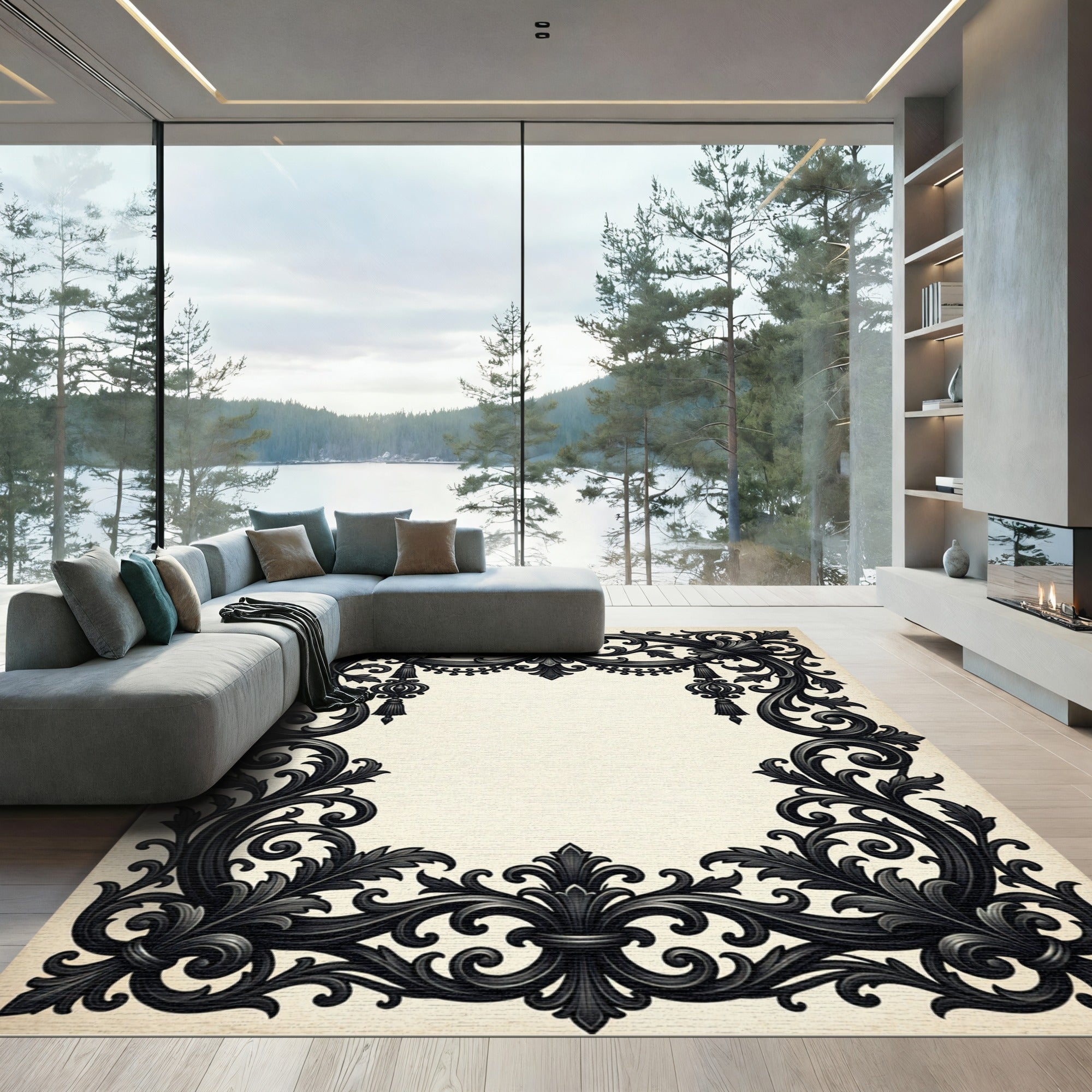 Ornate Black Baroque Filigree Scroll Rug
