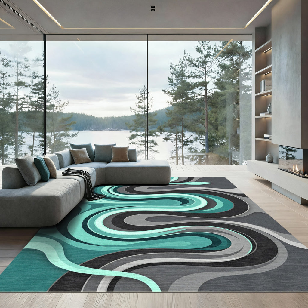 Abstract Serpentine Teal and Gray Flow Rug
