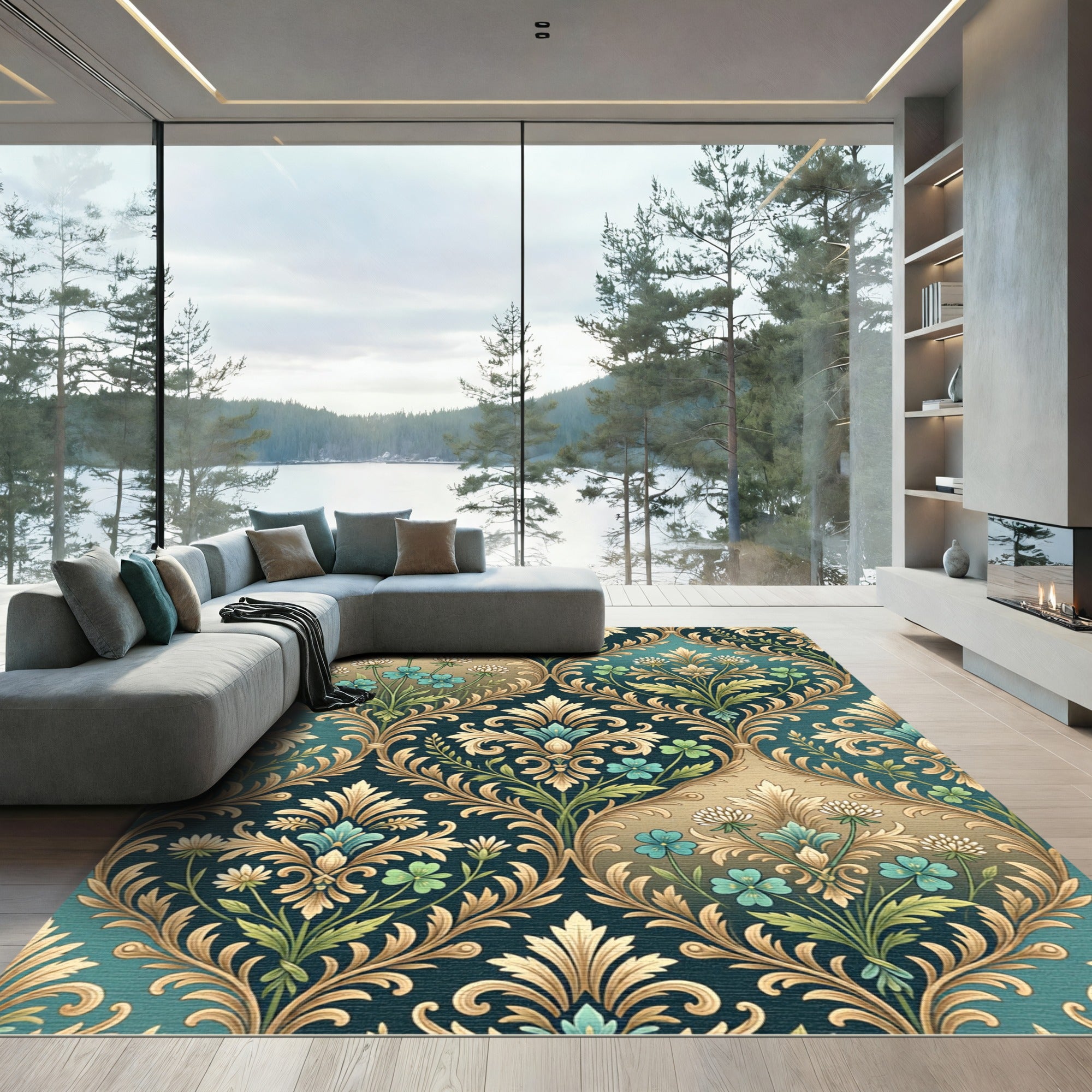 Teal and Gold Floral Damask Medallion Rug