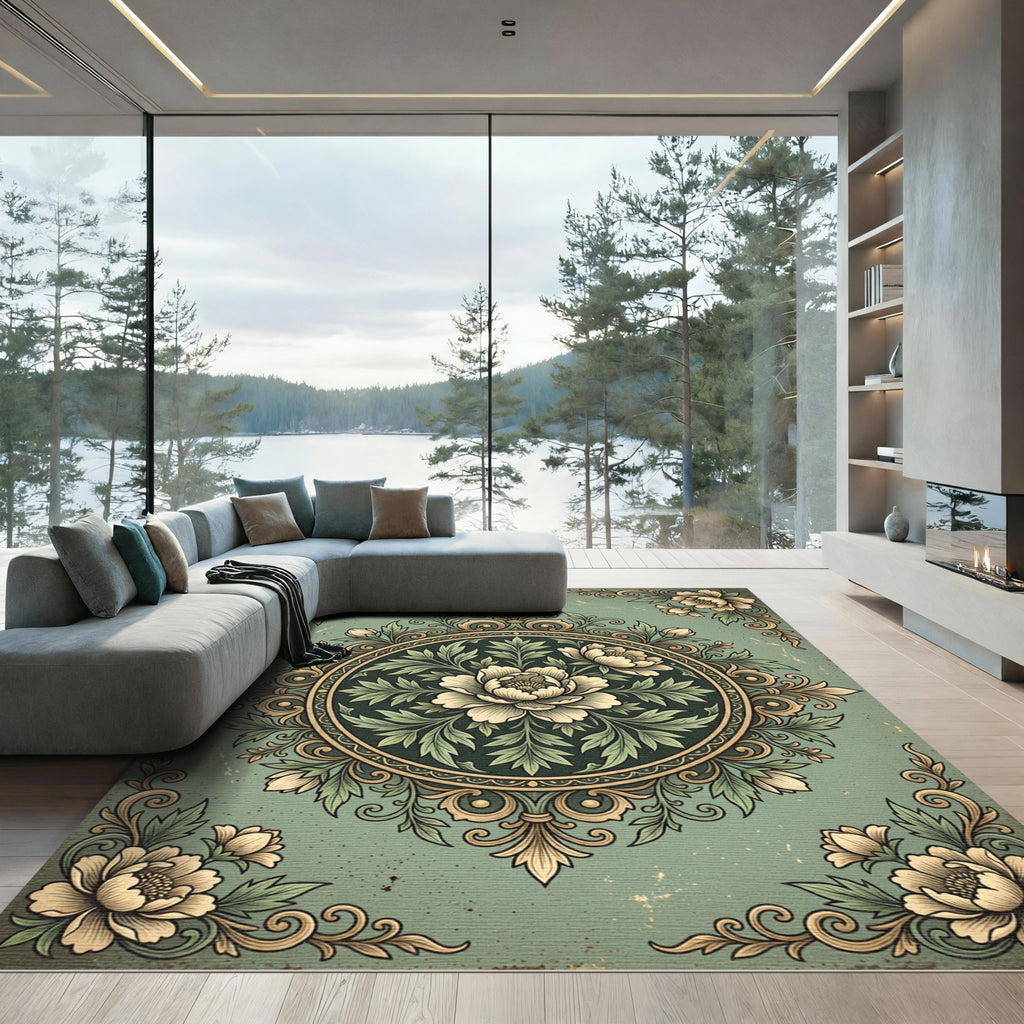 Sage Green Floral Circular Medallion Rug