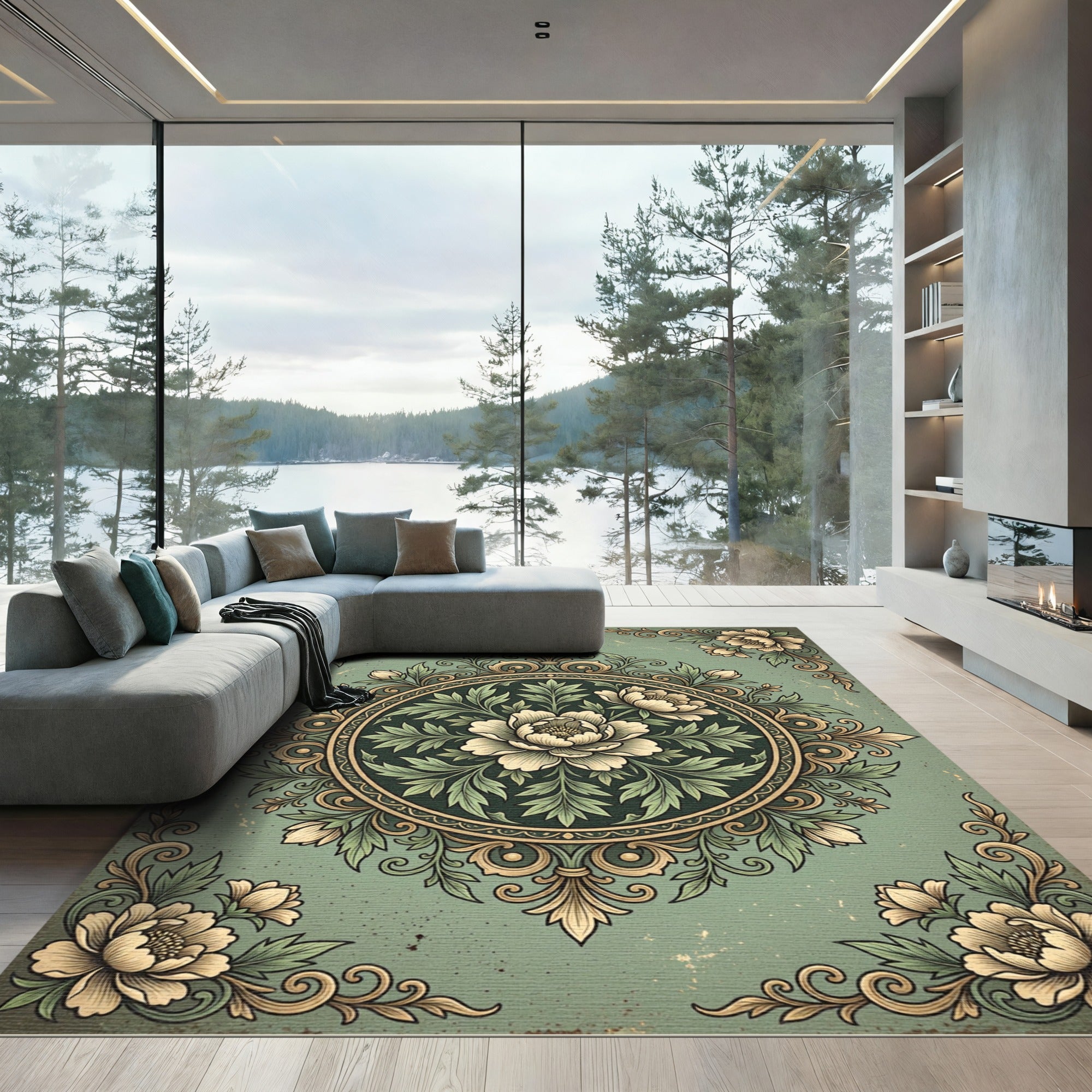 Sage Green Floral Circular Medallion Rug