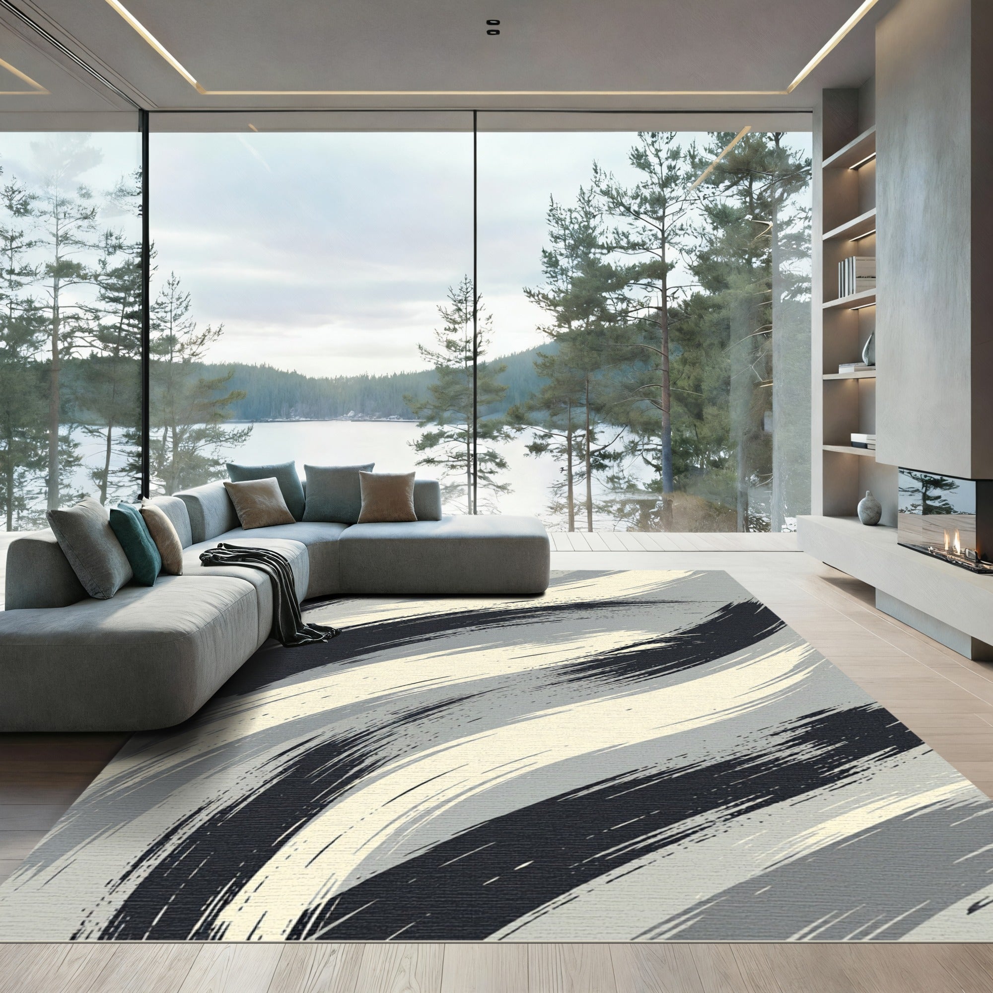Bold Graphite and Cream Brush Strokes Rug