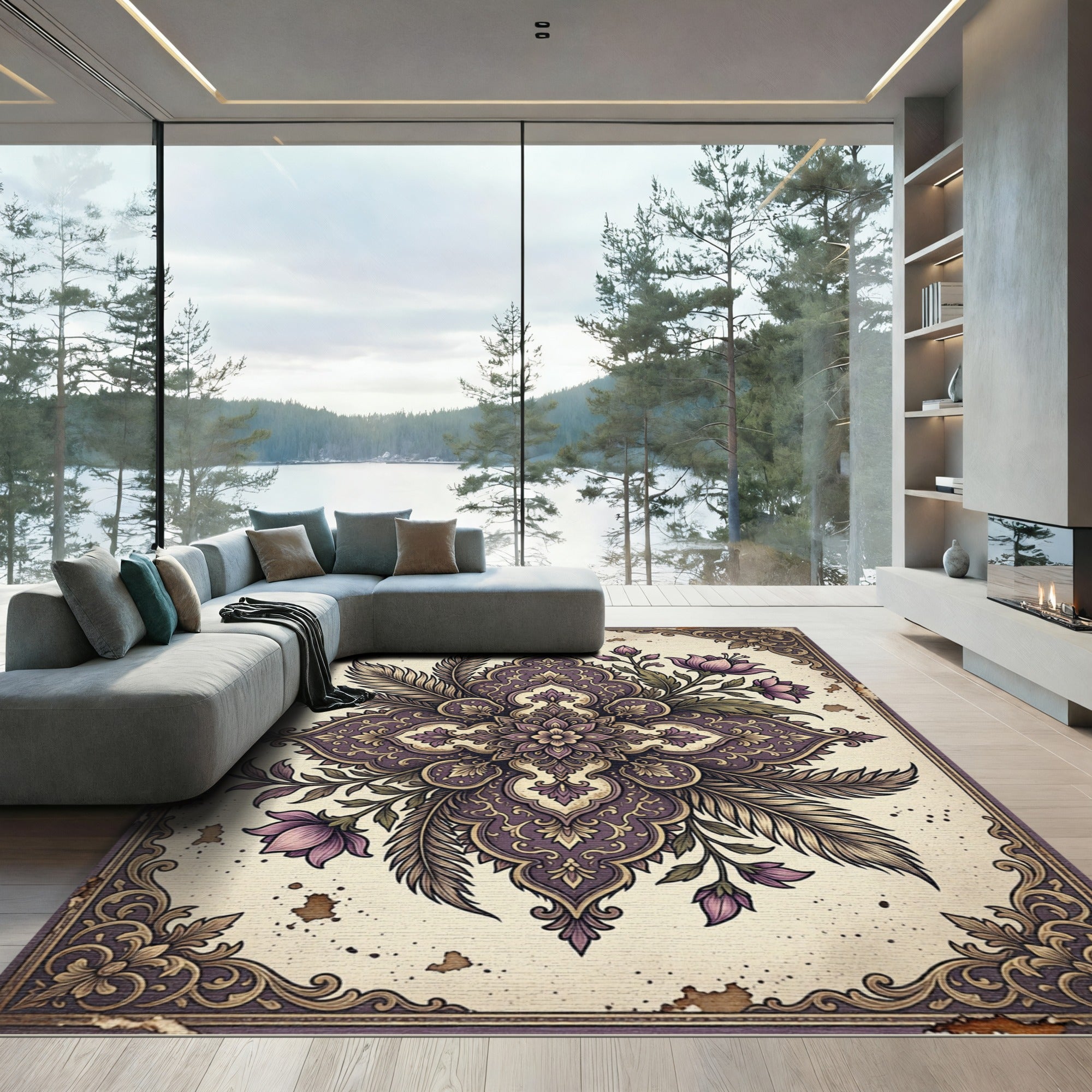 Ethereal Plum Feather Floral Medallion Rug