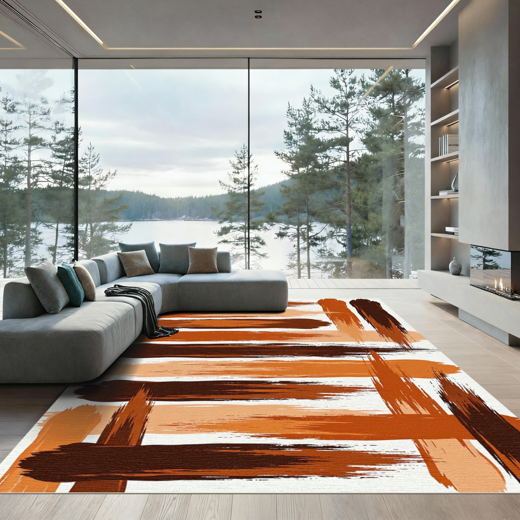 Abstract Earthy Tone Horizontal Brushstrokes Rug