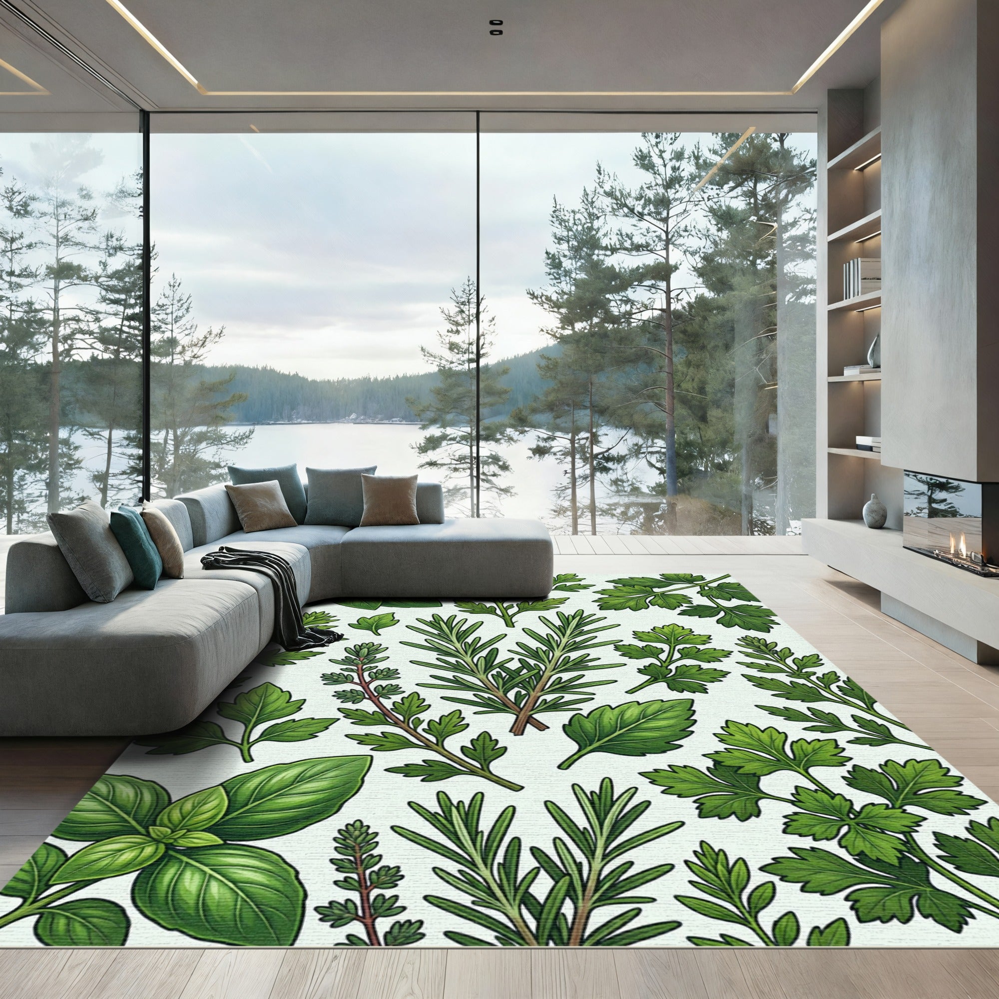 Lush Green Culinary Herb Botanical Illustration Rug