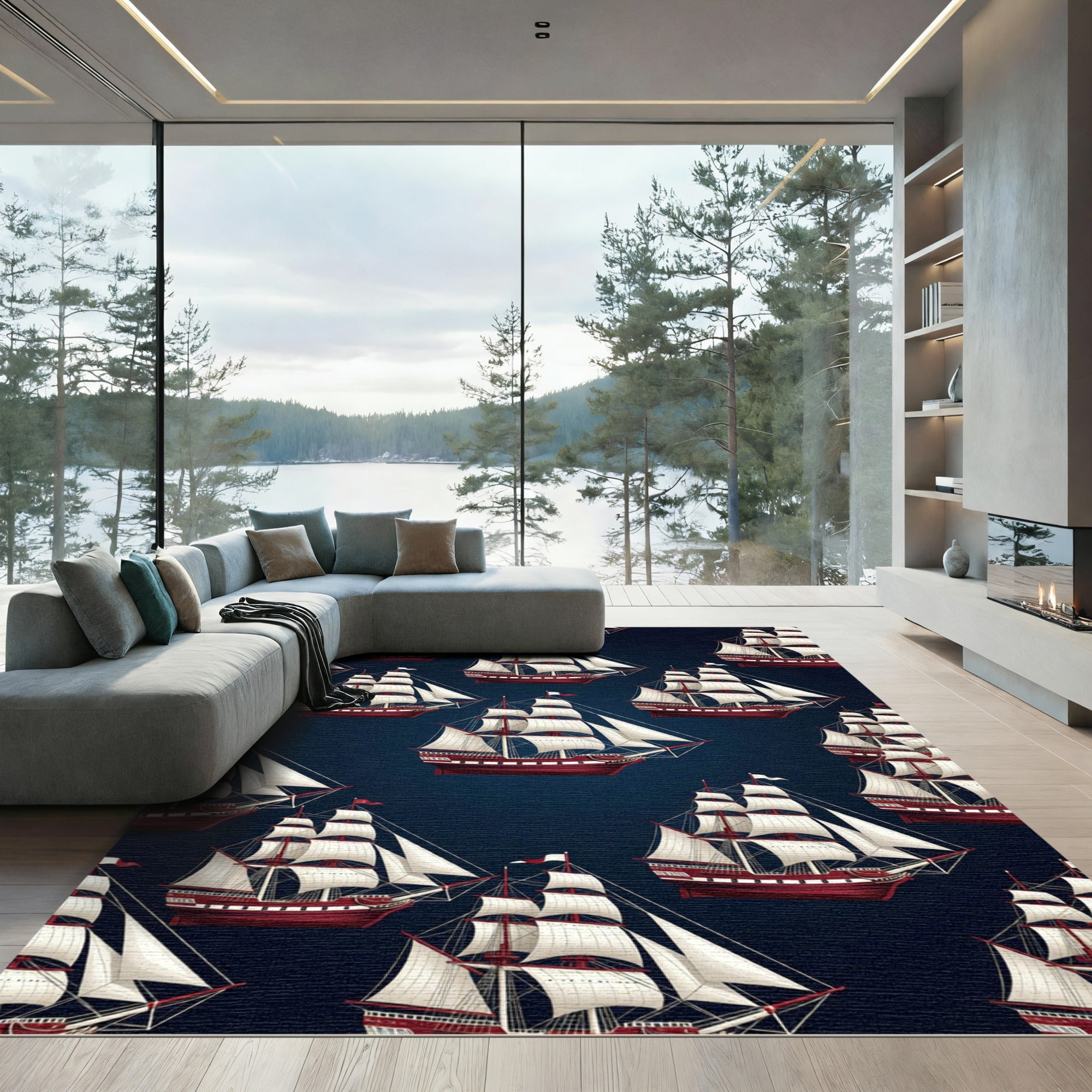 Classic Navy Sailing Ship Armada Rug