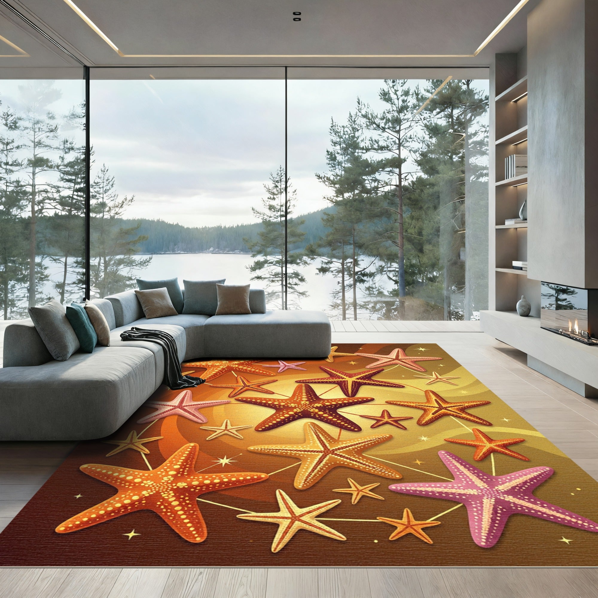 Vibrant Golden Abstract Starfish Collage Rug