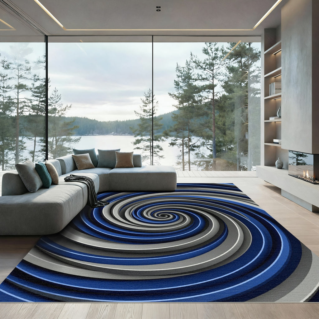 Modern Navy and Silver Hypnotic Swirl Rug