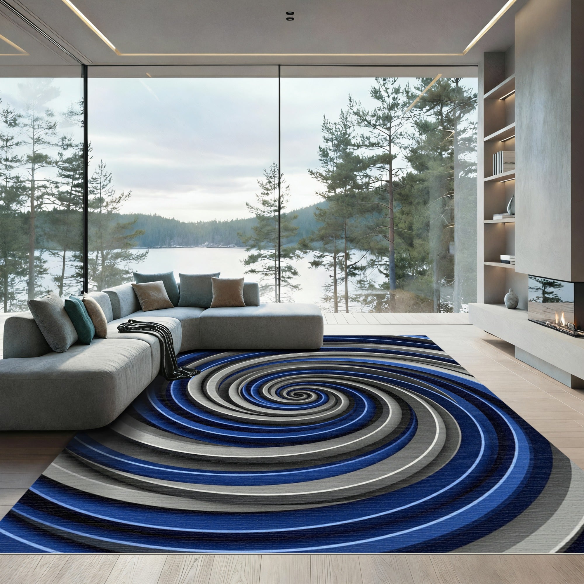 Modern Navy and Silver Hypnotic Swirl Rug