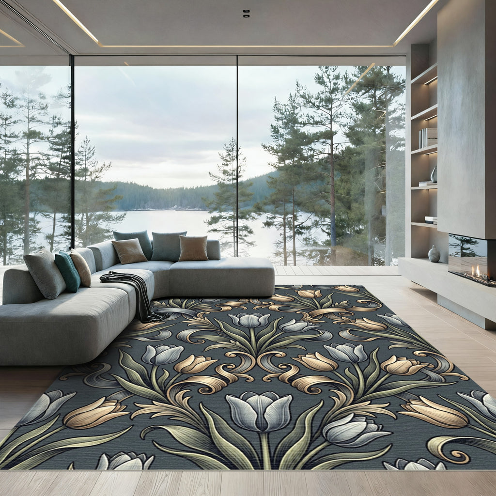 Elegant Gray and Gold Tulip Damask Rug