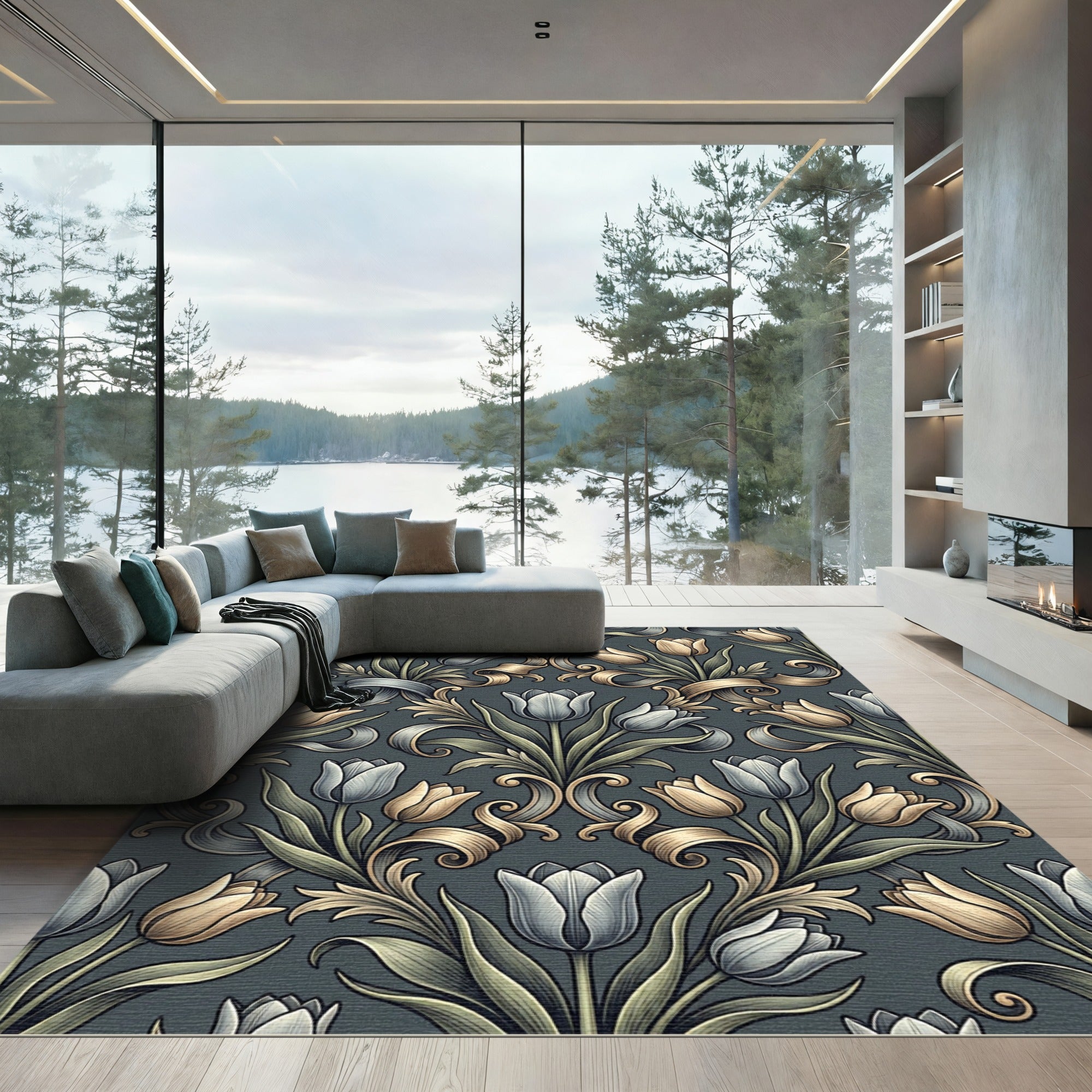 Elegant Gray and Gold Tulip Damask Rug