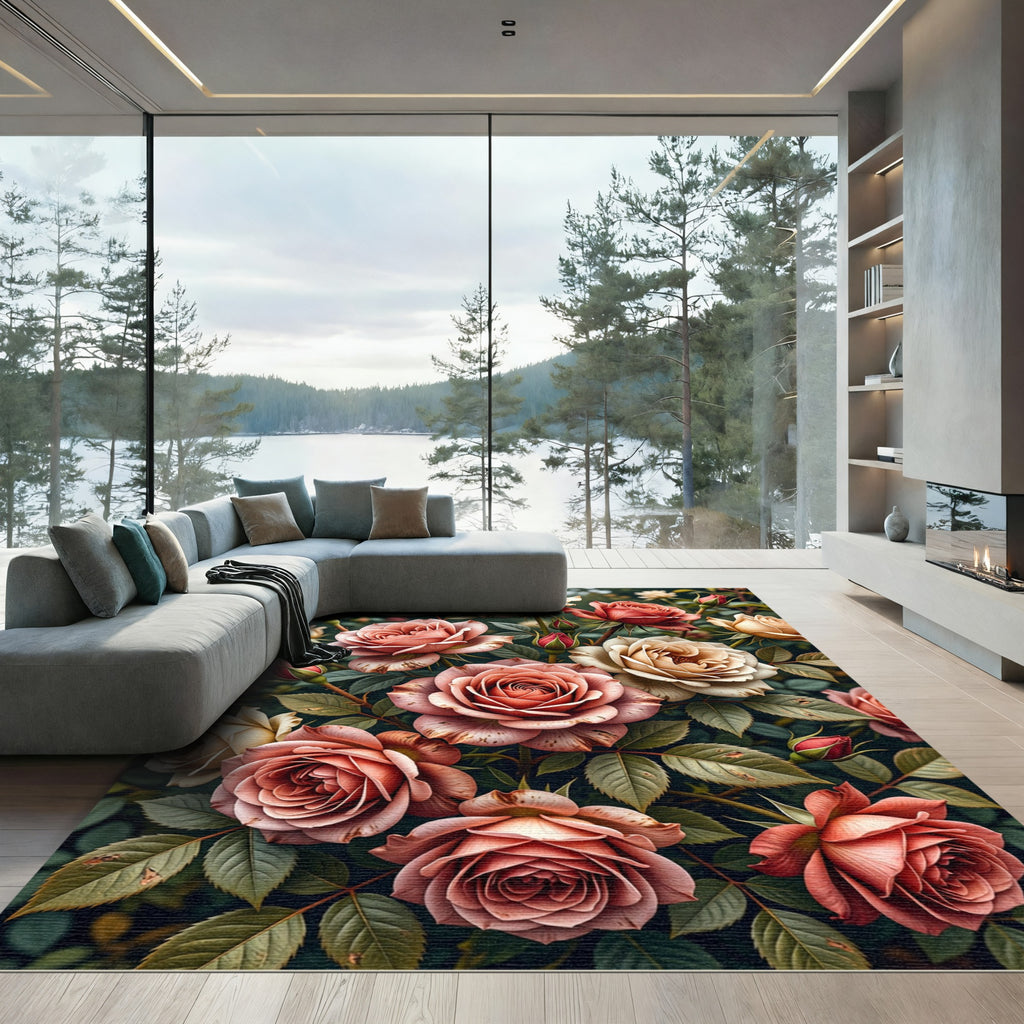 Coral Peach Rose Garden Arrangement Rug