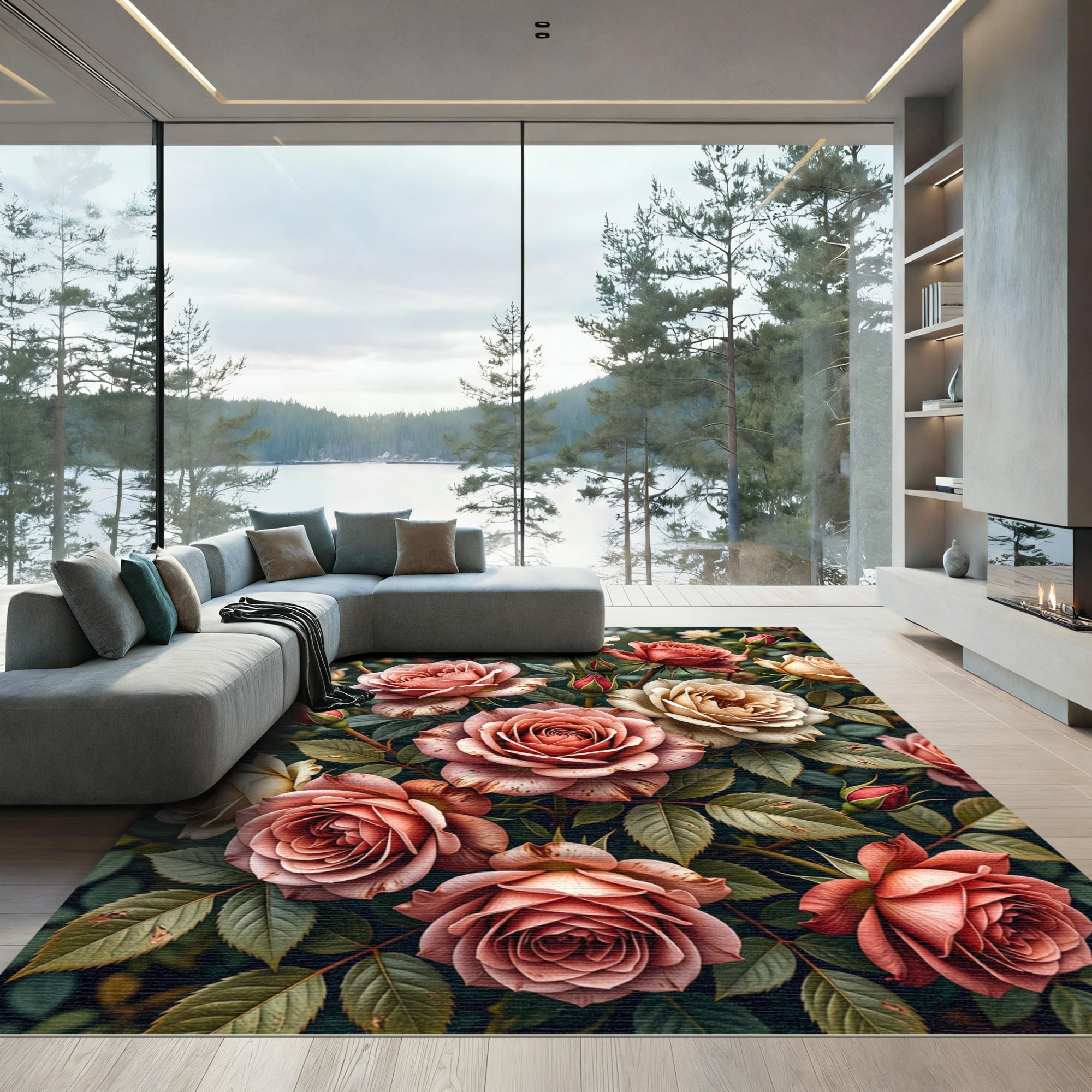 Coral Peach Rose Garden Arrangement Rug